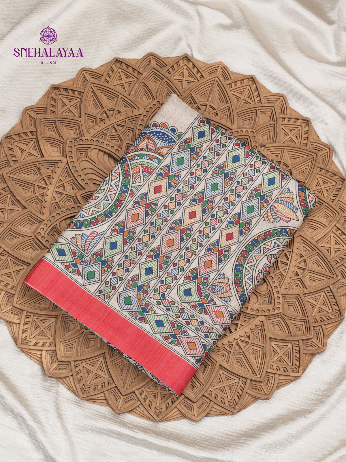 Beige With Red Border Madhubani Saree