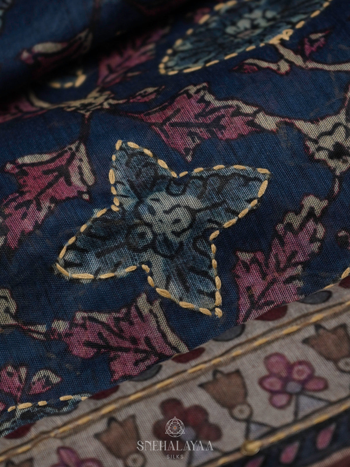 Navy Blue Linen Embroidery Saree