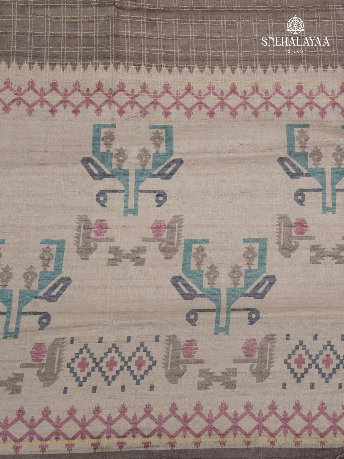 Brown Printed Tussar Saree