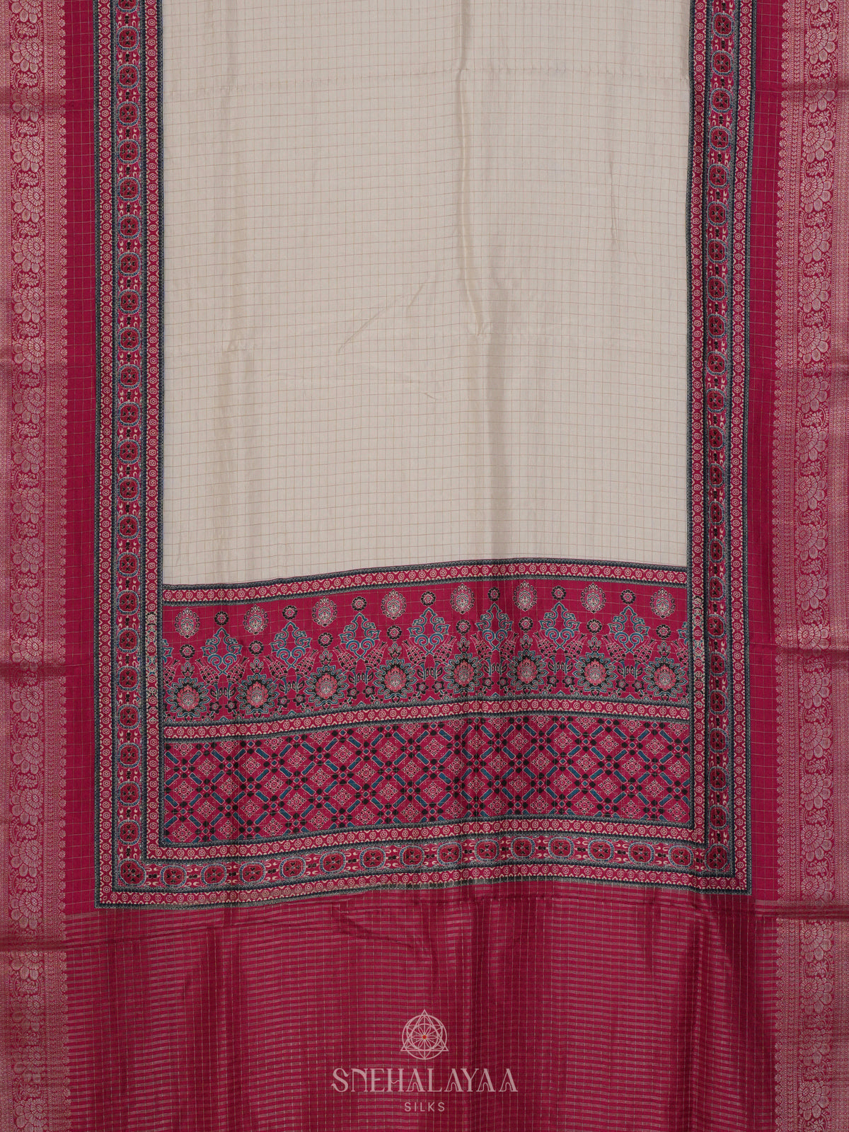 Cream Banaras Crepe Saree with Pink Border