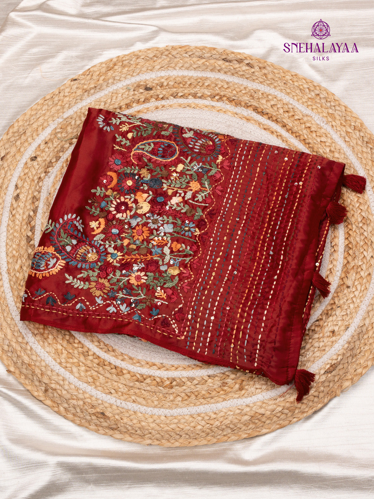 Maroon Satin Embroidery Saree