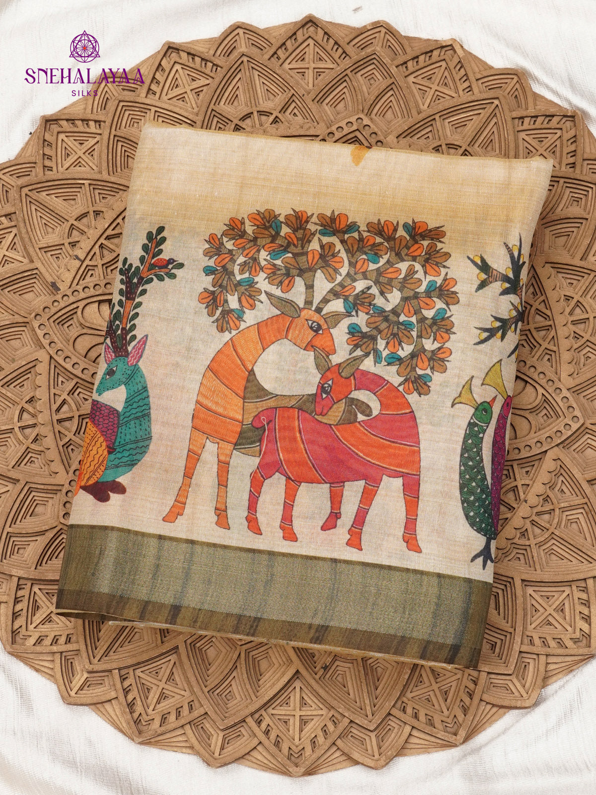 Cream With Olive Green Border Floral Printed Tussar Saree