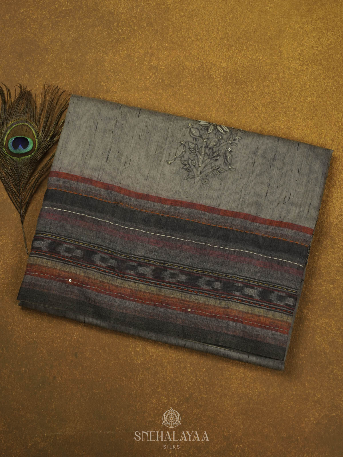 Grey Linen Embroidery Saree