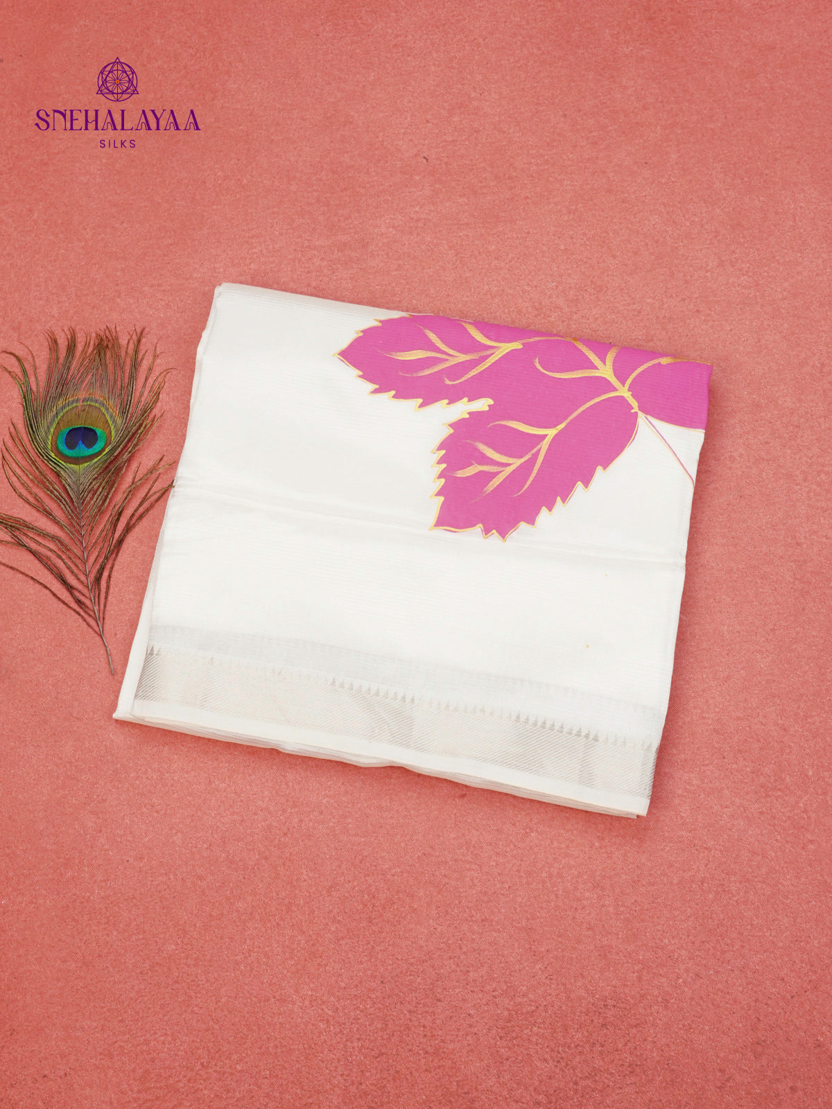 Off White Mangalagiri Silk Cotton Saree with Hand Painted Pink Leaf Motifs
