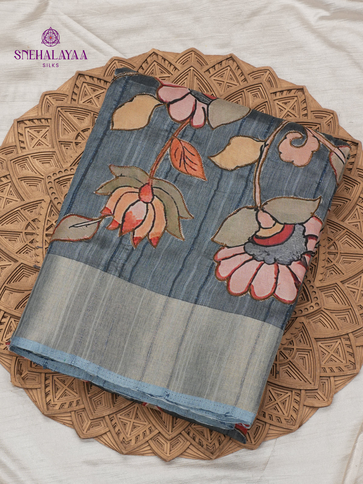 Grey Tussar Embroidery Saree