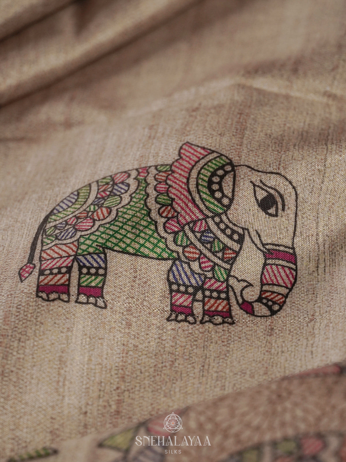 Beige Madhubani Printed Saree with Blue Border