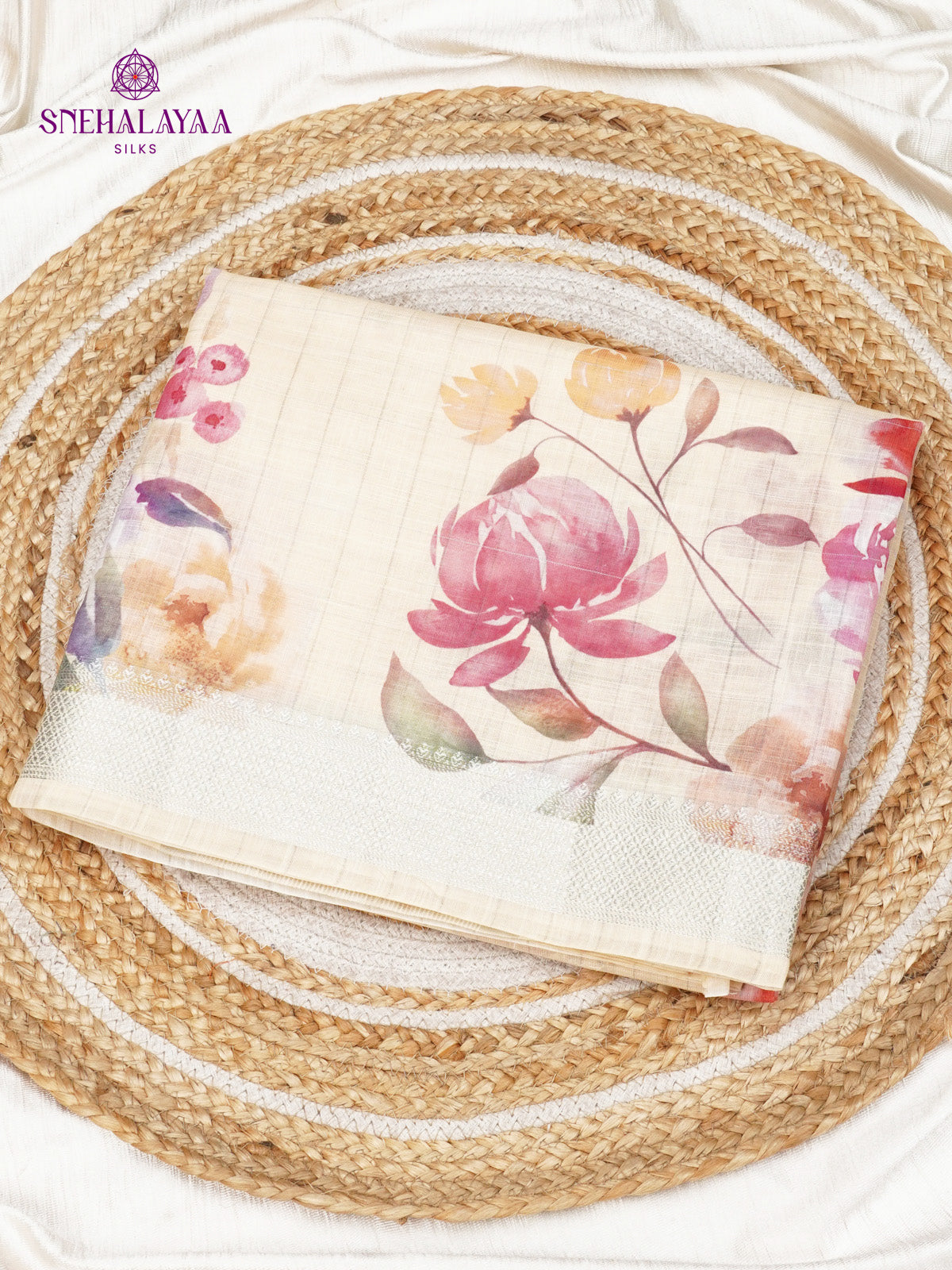 Pastel Cream Printed Linen Saree