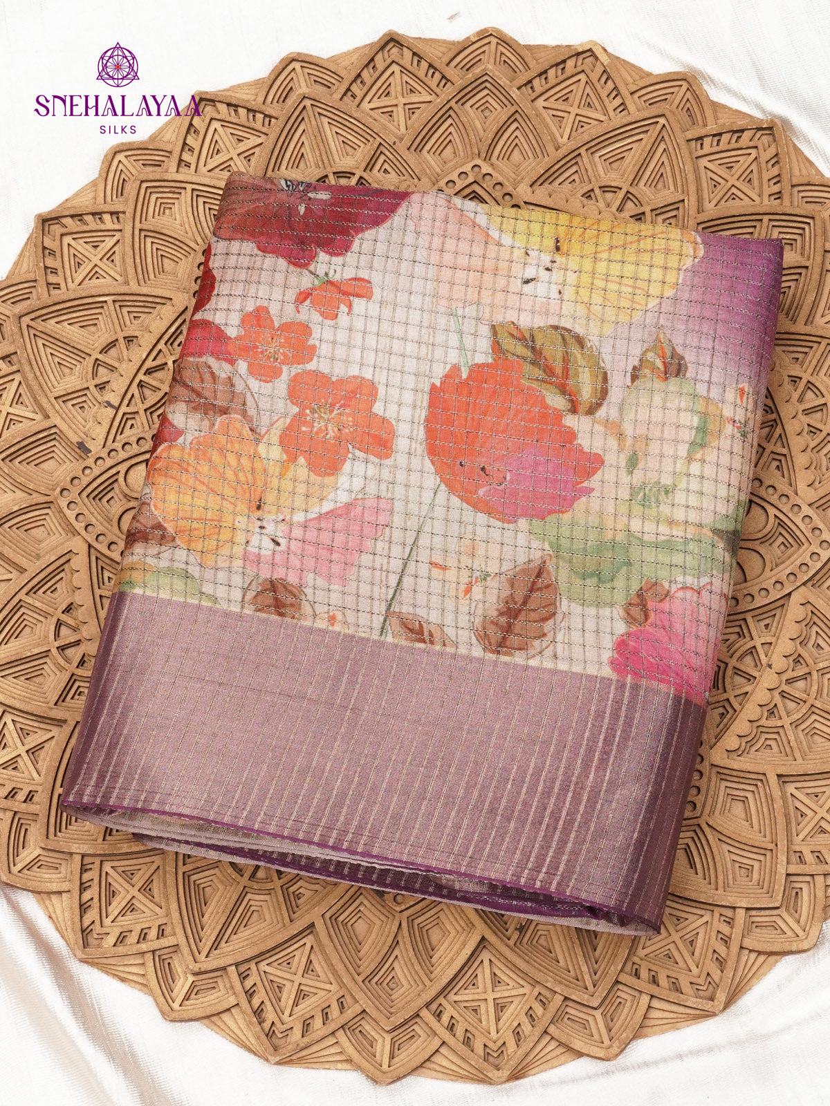 Purple Floral Printed Tussar Saree