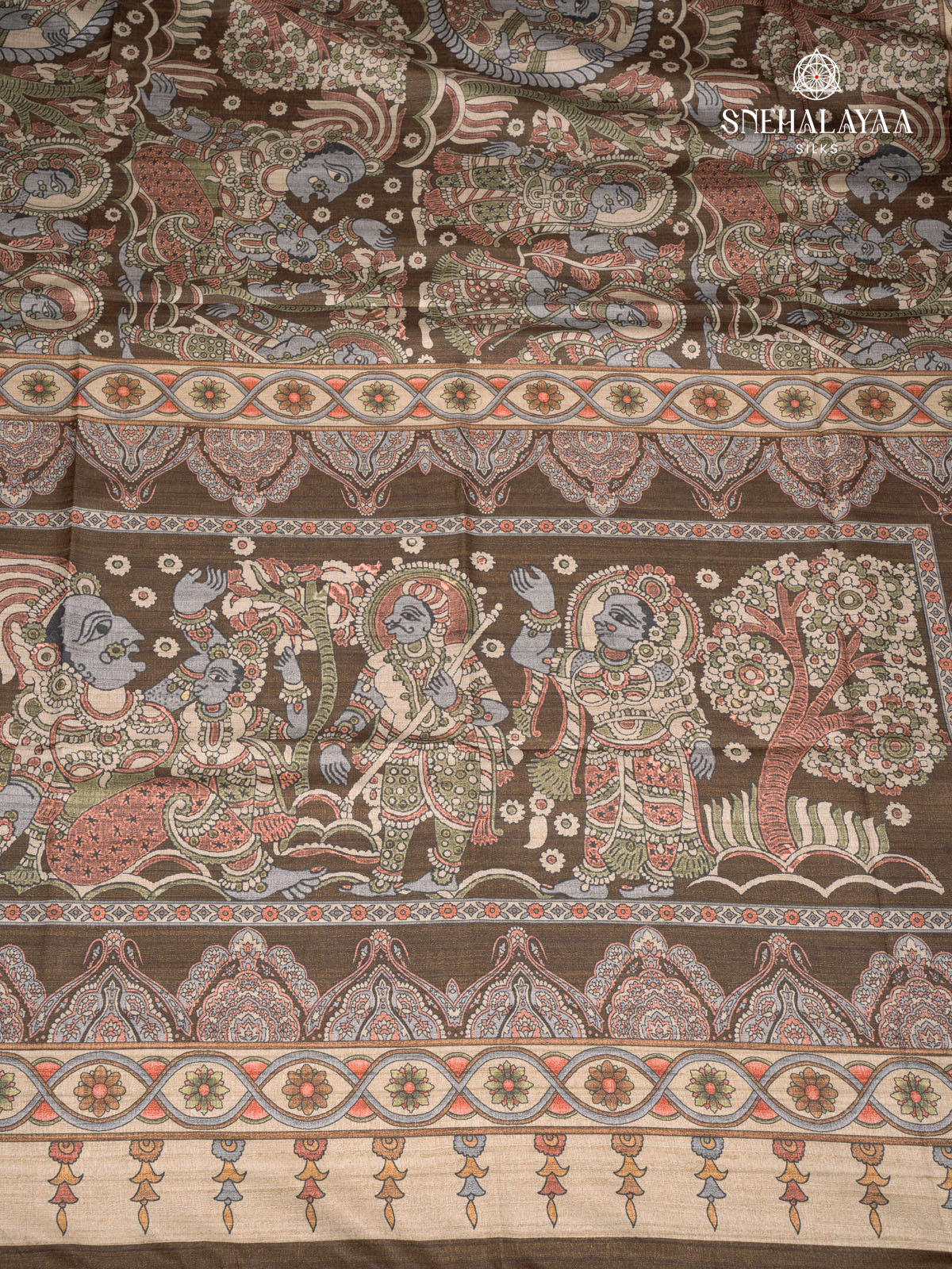 Brown Printed Tussar Saree