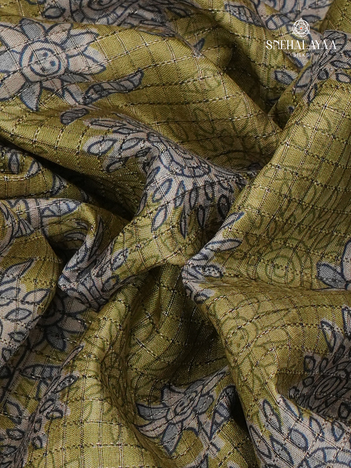 Olive Green Floral Printed Tussar Saree