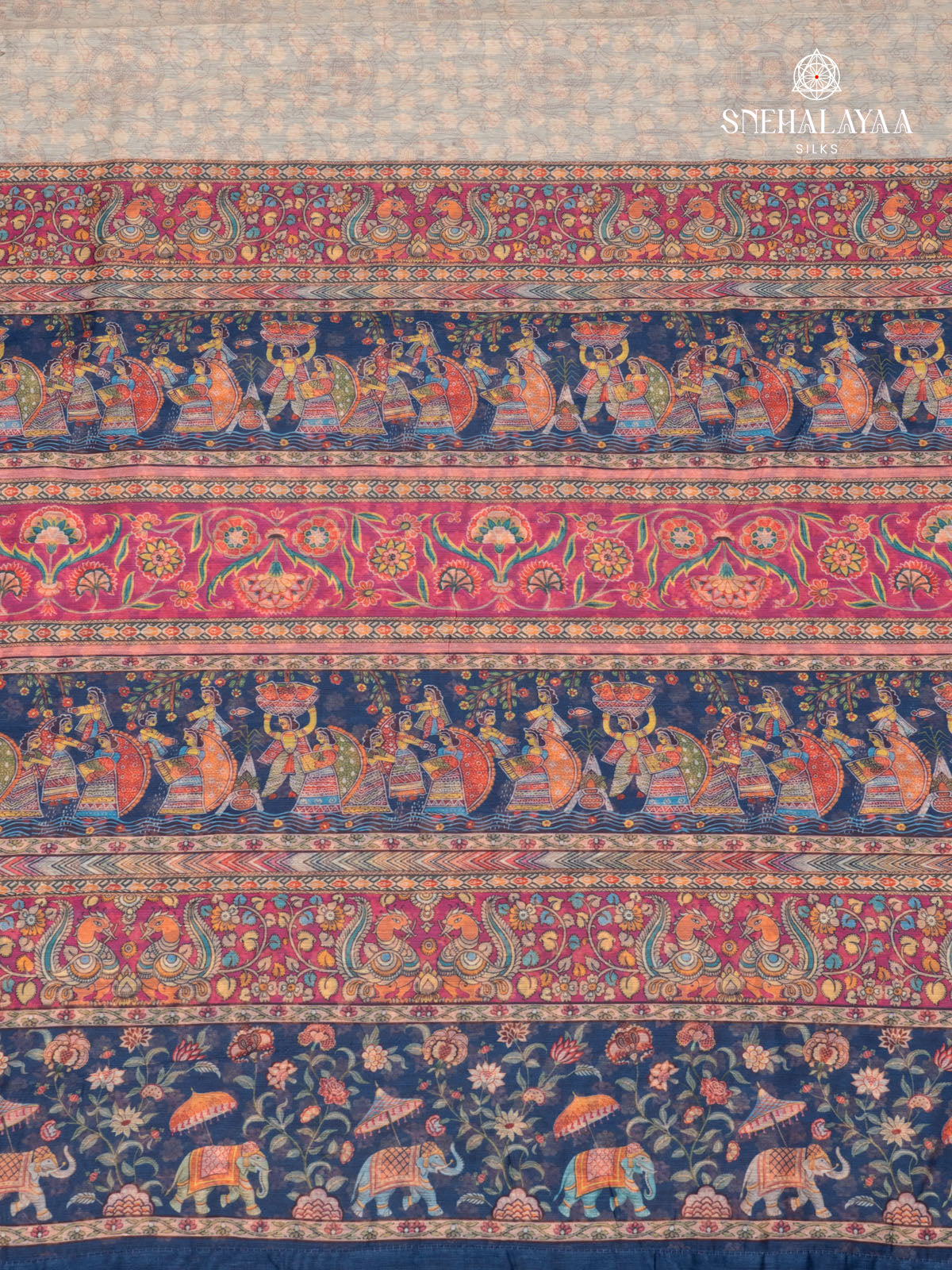 Cream With Navy Blue Border Linen Saree