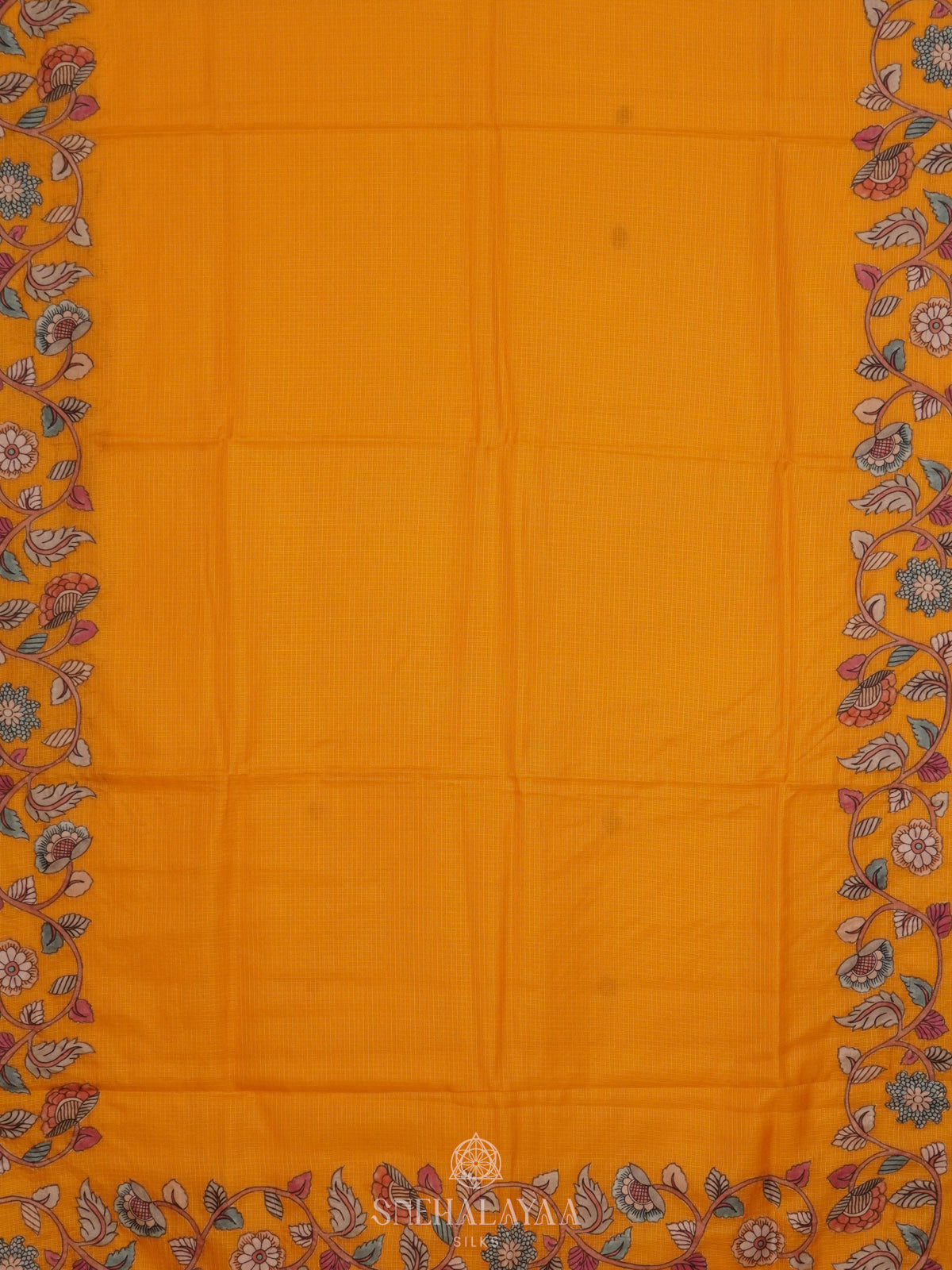 Mango Yellow Kota Embroidery Saree