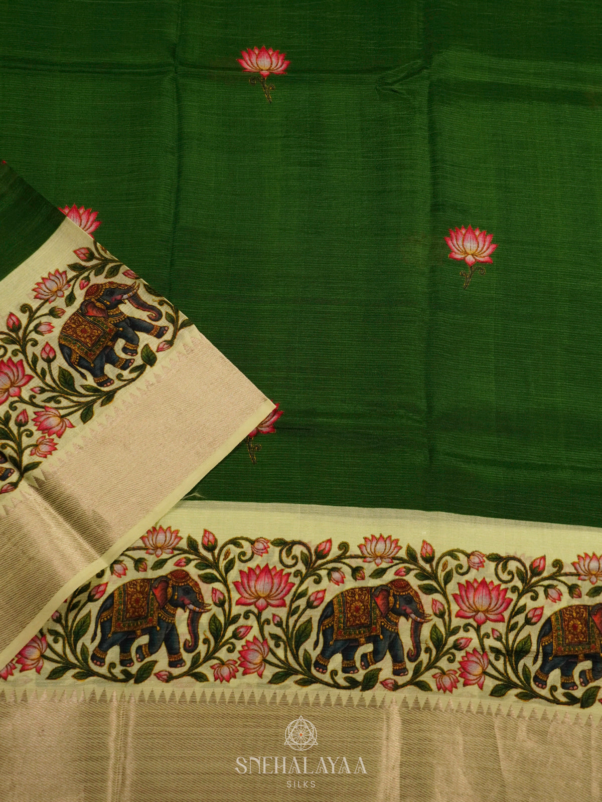Green Mangalagiri Silk Cotton Saree with Printed Border