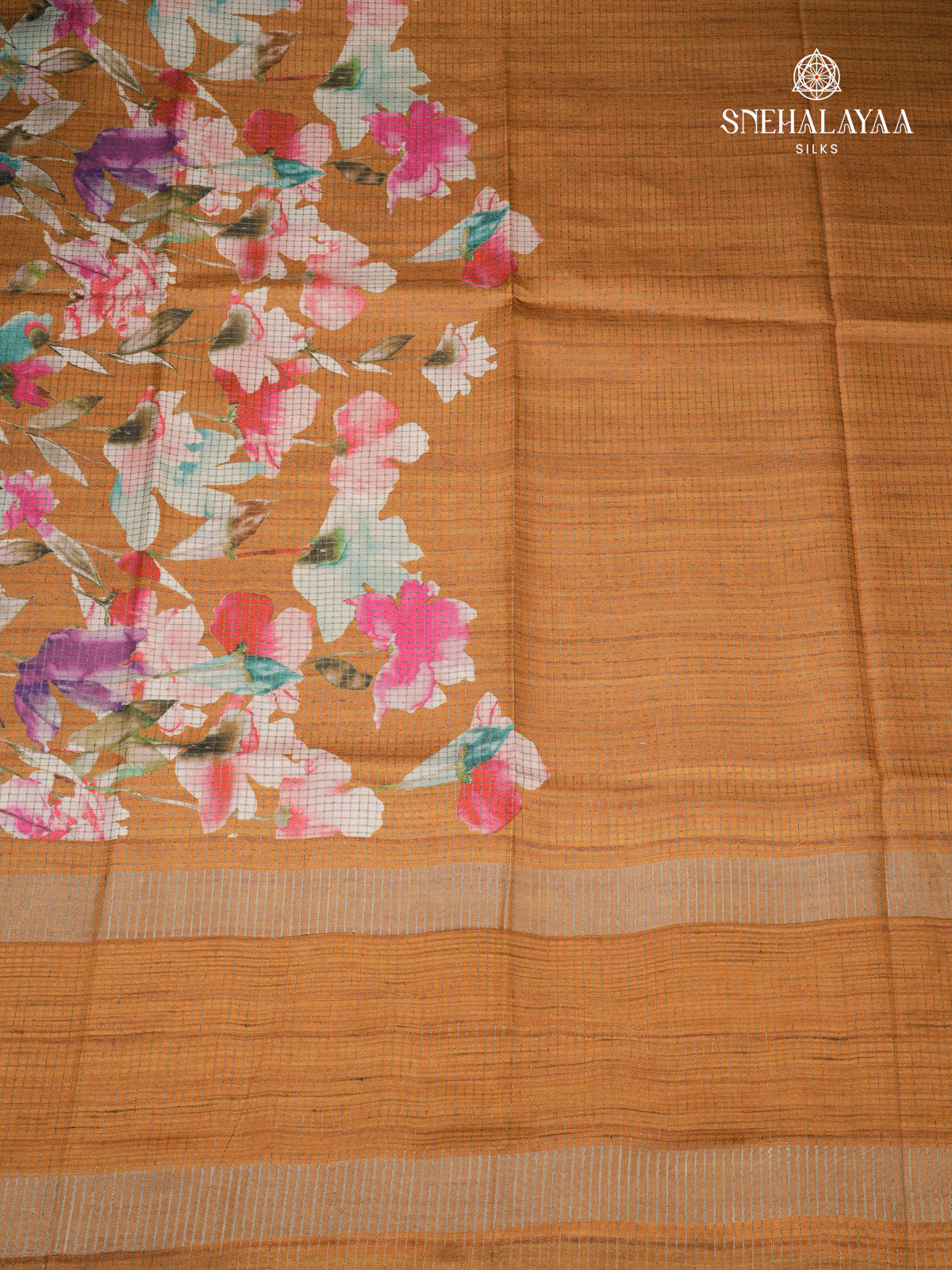 Orange Floral Printed Tussar Saree