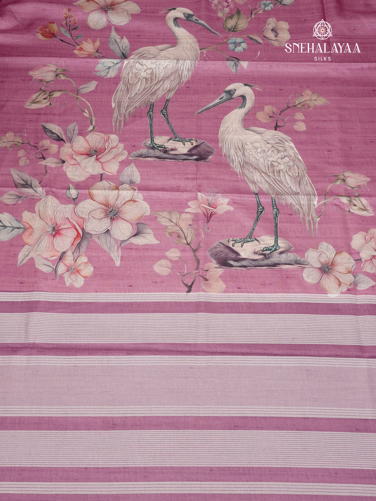 Magenta Floral Printed Tussar Saree