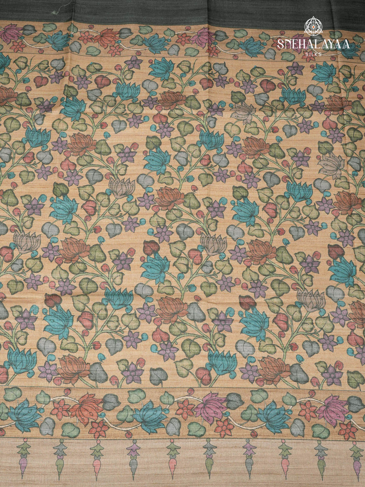 Charcoal Black Floral Printed Tussar Saree