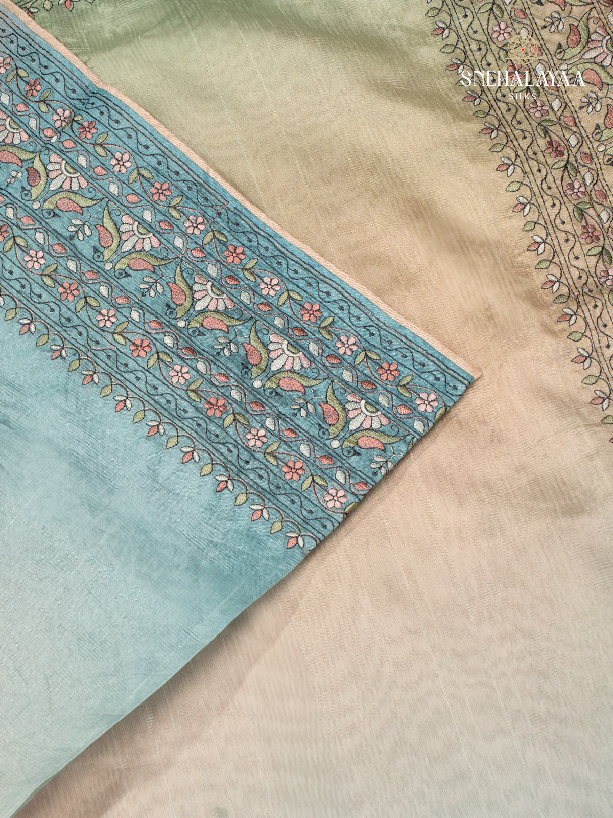 Blue Linen Embroidery Saree