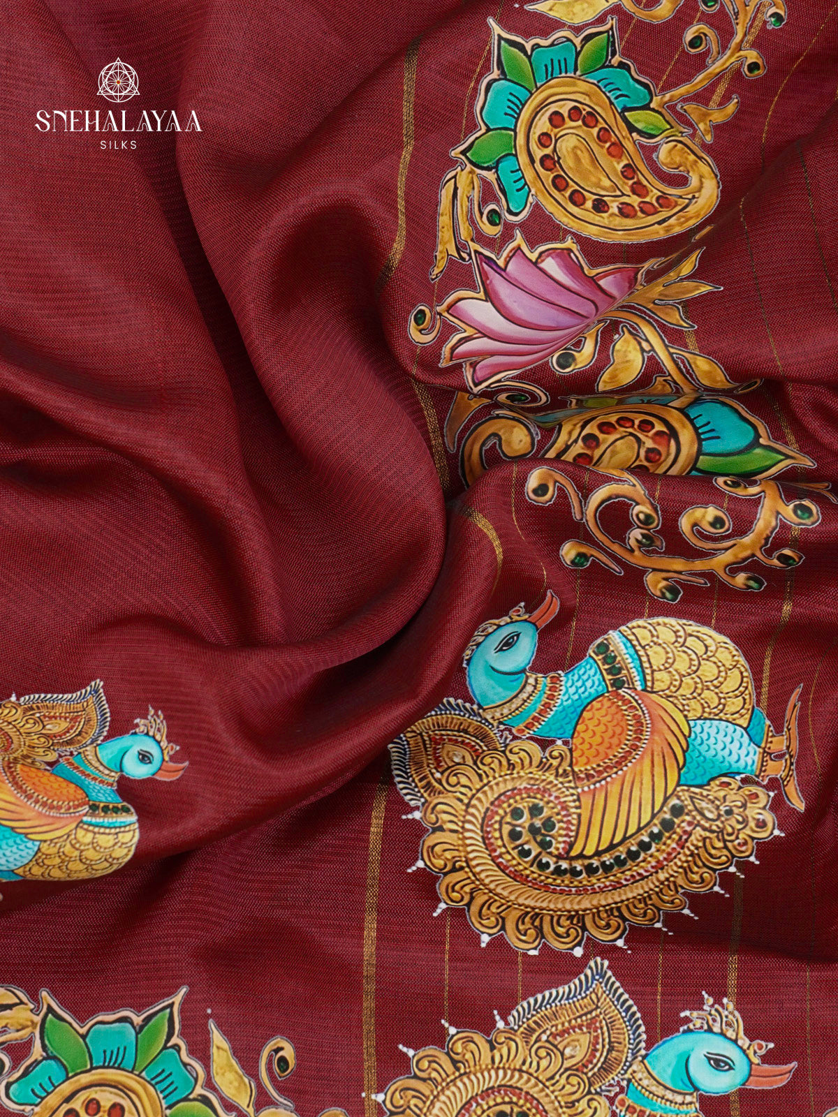 Maroon Mangalagiri Silk Cotton Saree with Tanjore Art Print