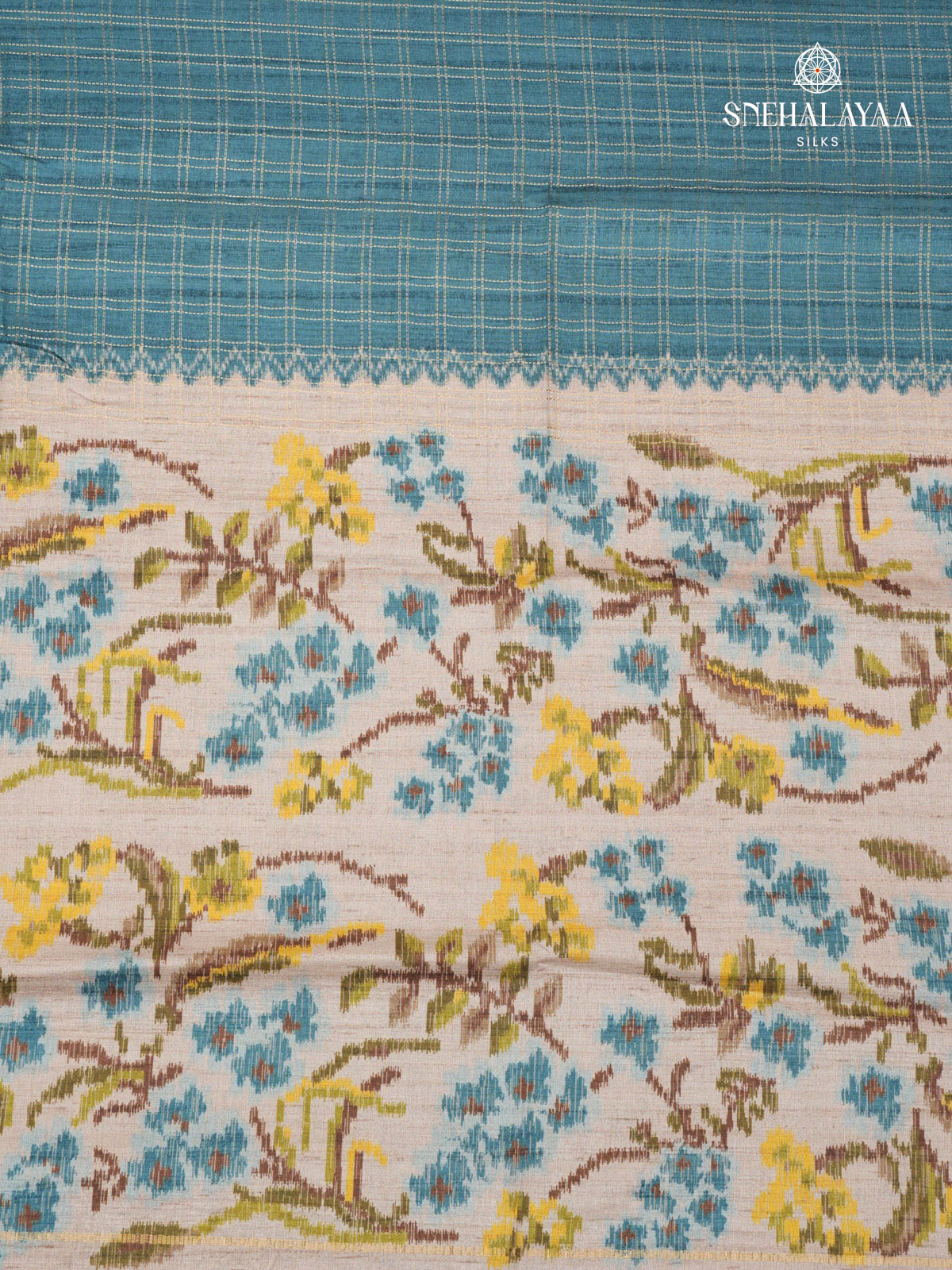 Peacock Blue Floral Printed Tussar Saree