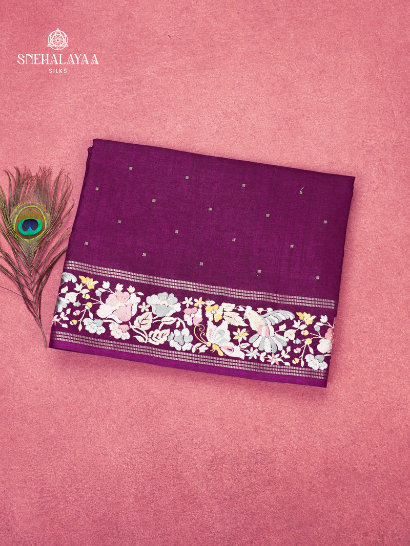 Purple Munga Tussar Embroidery Saree