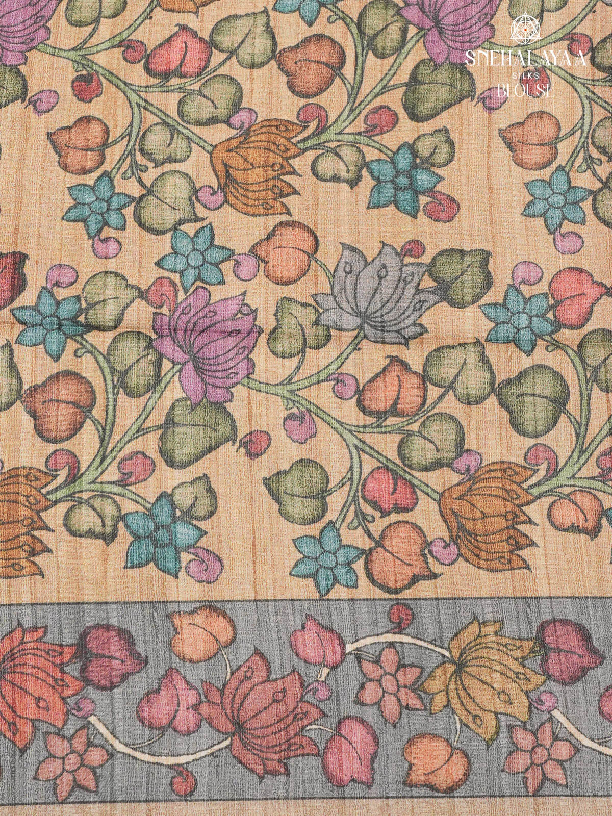 Burgundy Floral Printed Tussar Saree