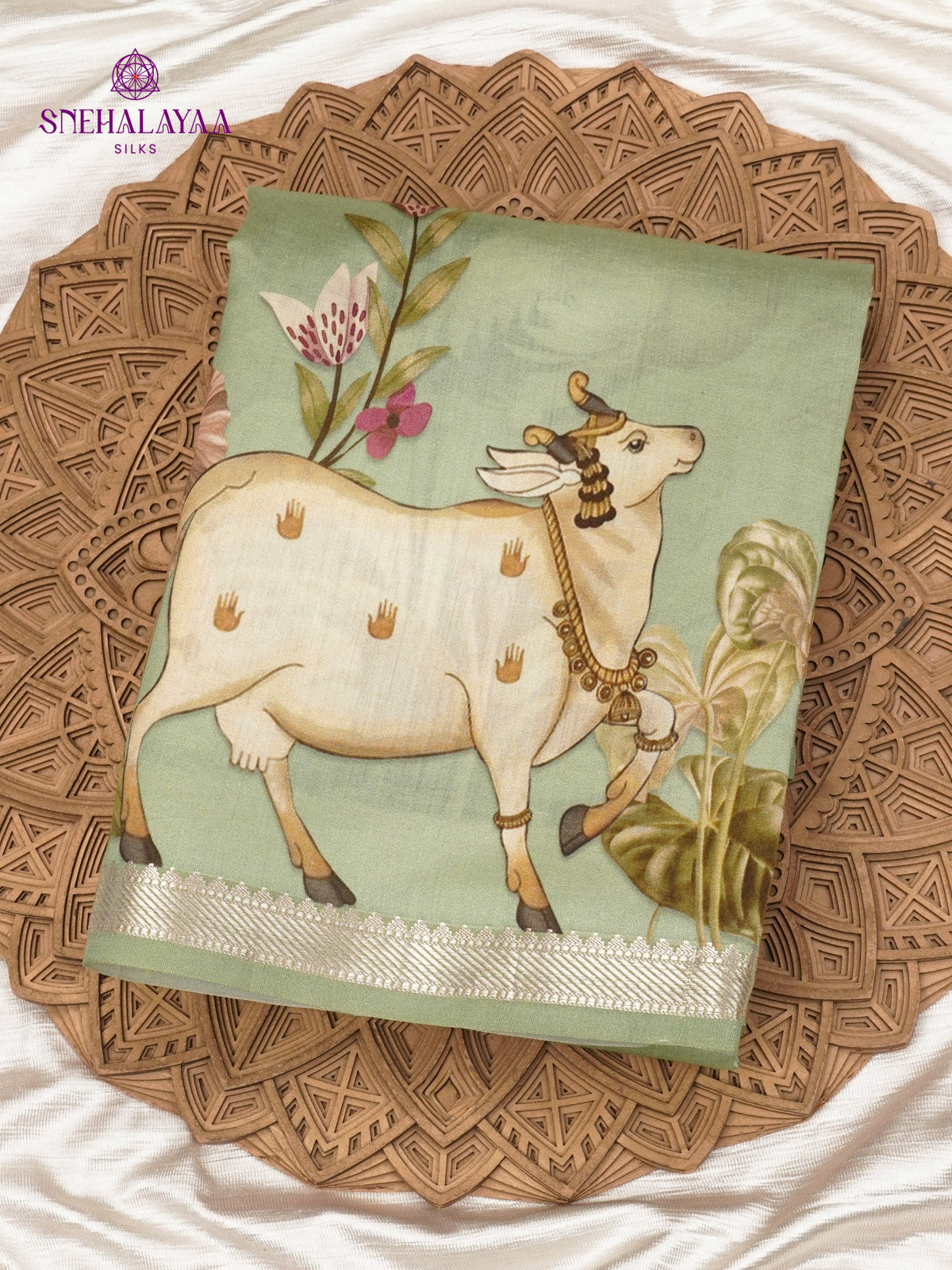 Mint Green Chiniya Silk Saree