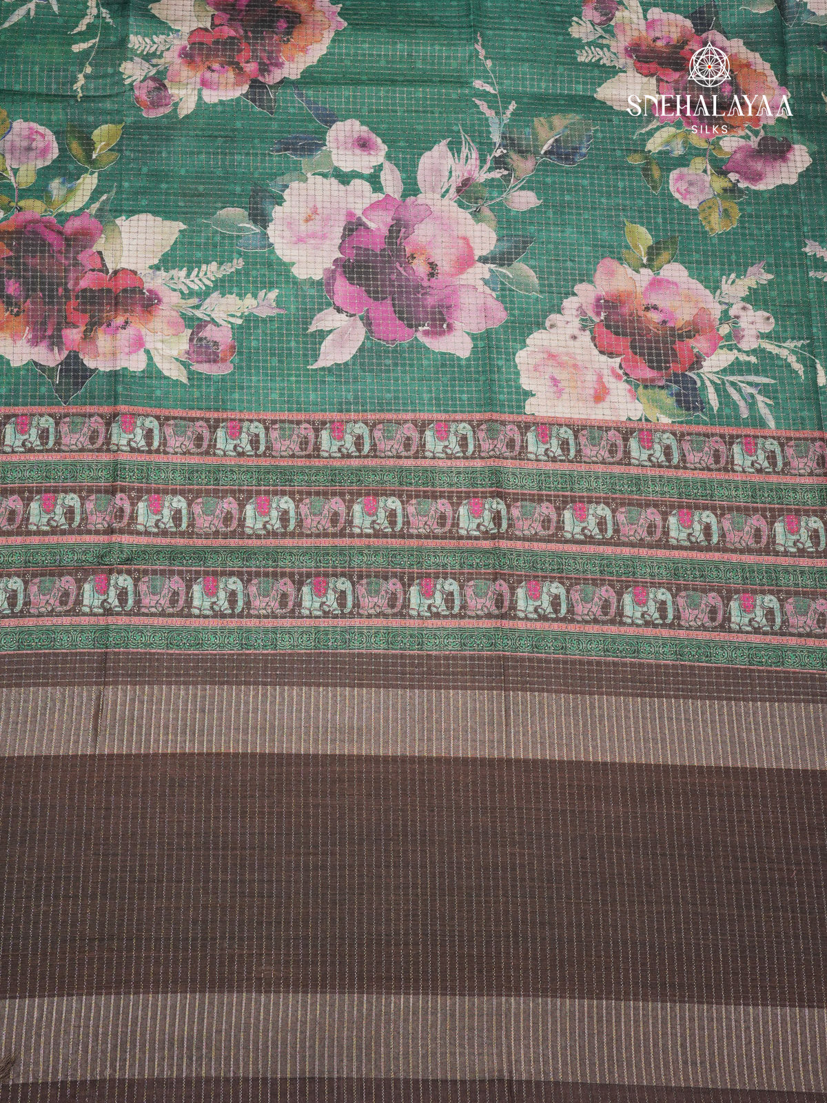 Emeral Green Floral Printed Tussar Saree