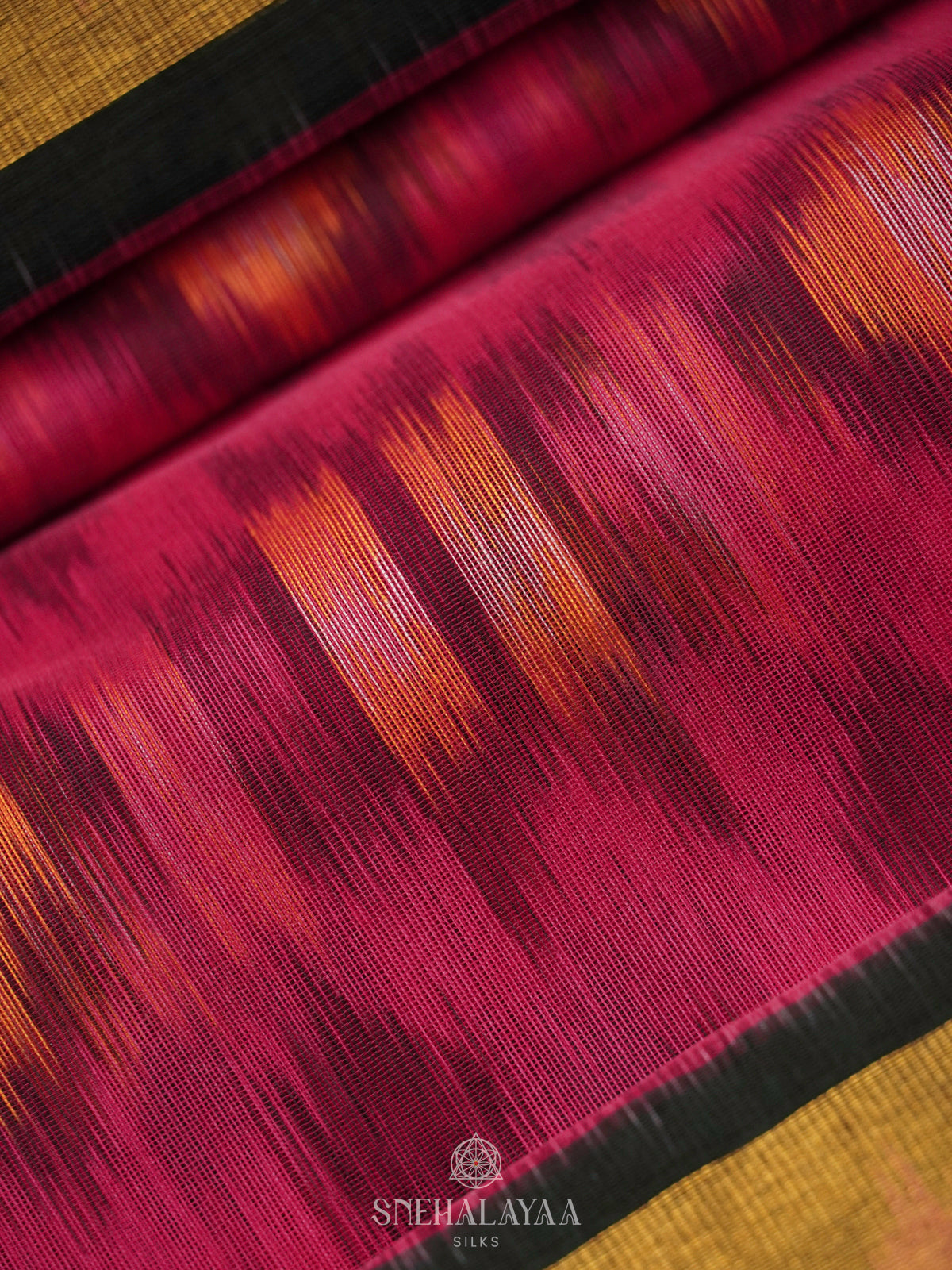 Pink Ikat Silk Cotton Saree with Traditional Woven Border