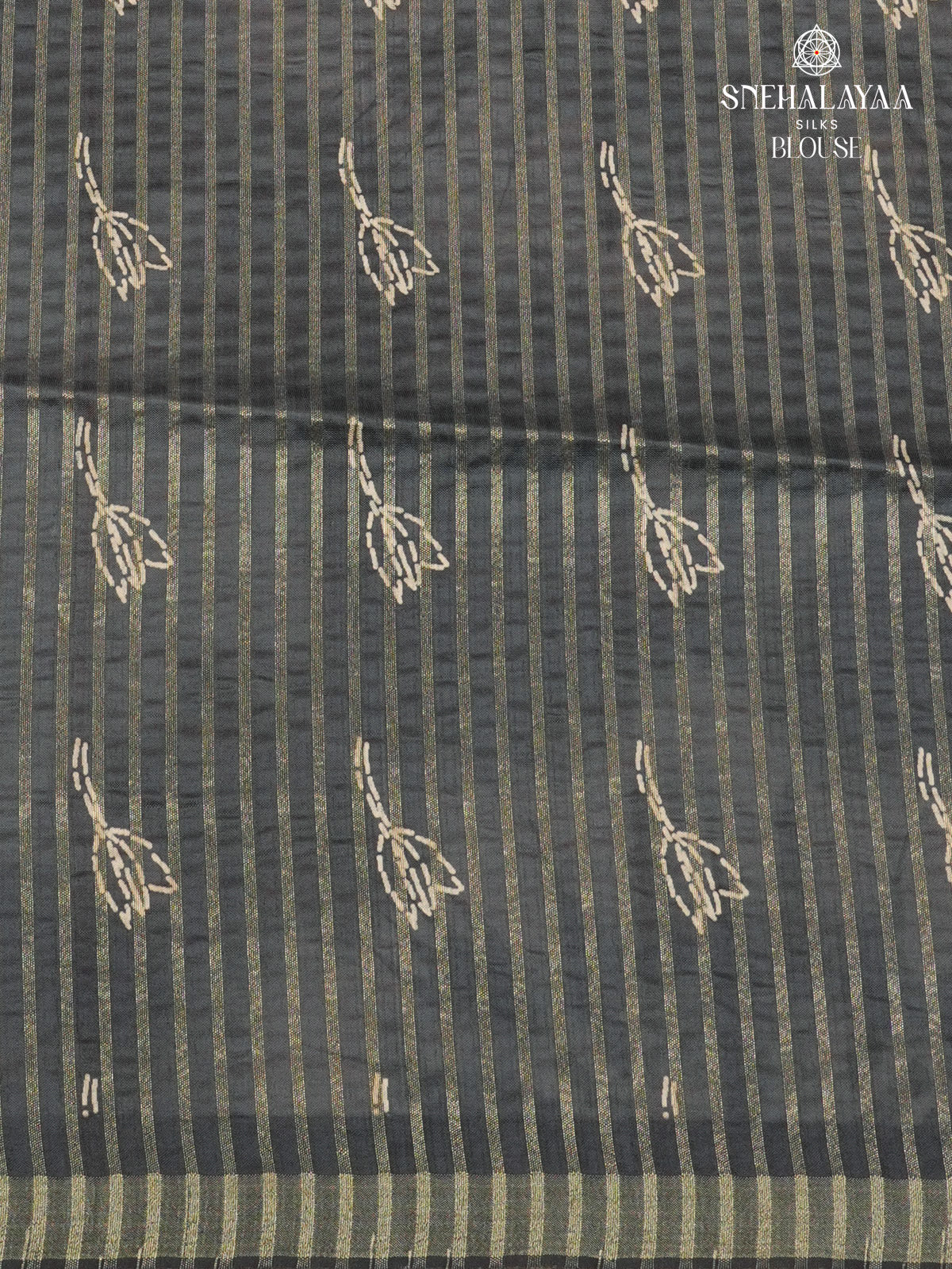 Black Floral Printed Tussar Saree