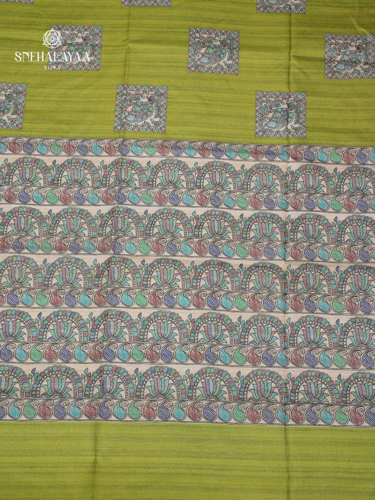 Pistachio Green Madhubani Printed Saree