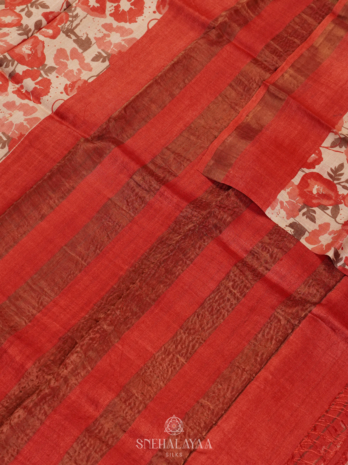 Peach Floral Printed Tussar Saree