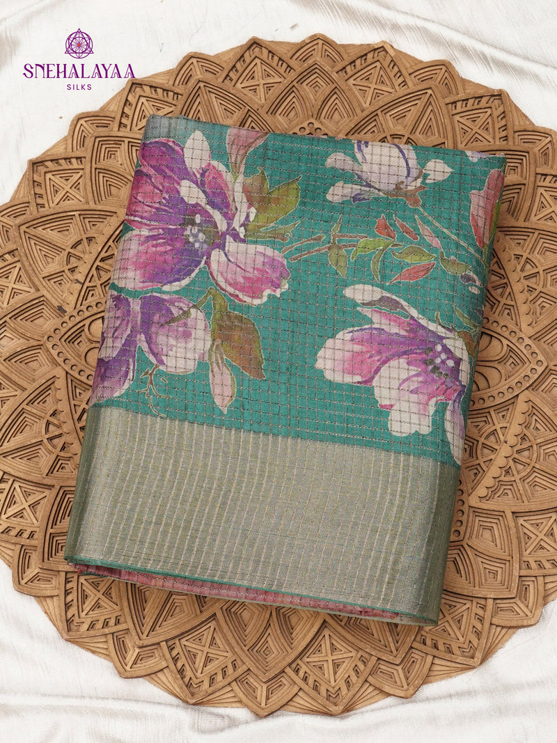 Magenta with Teal Blue Floral Printed Tussar Saree
