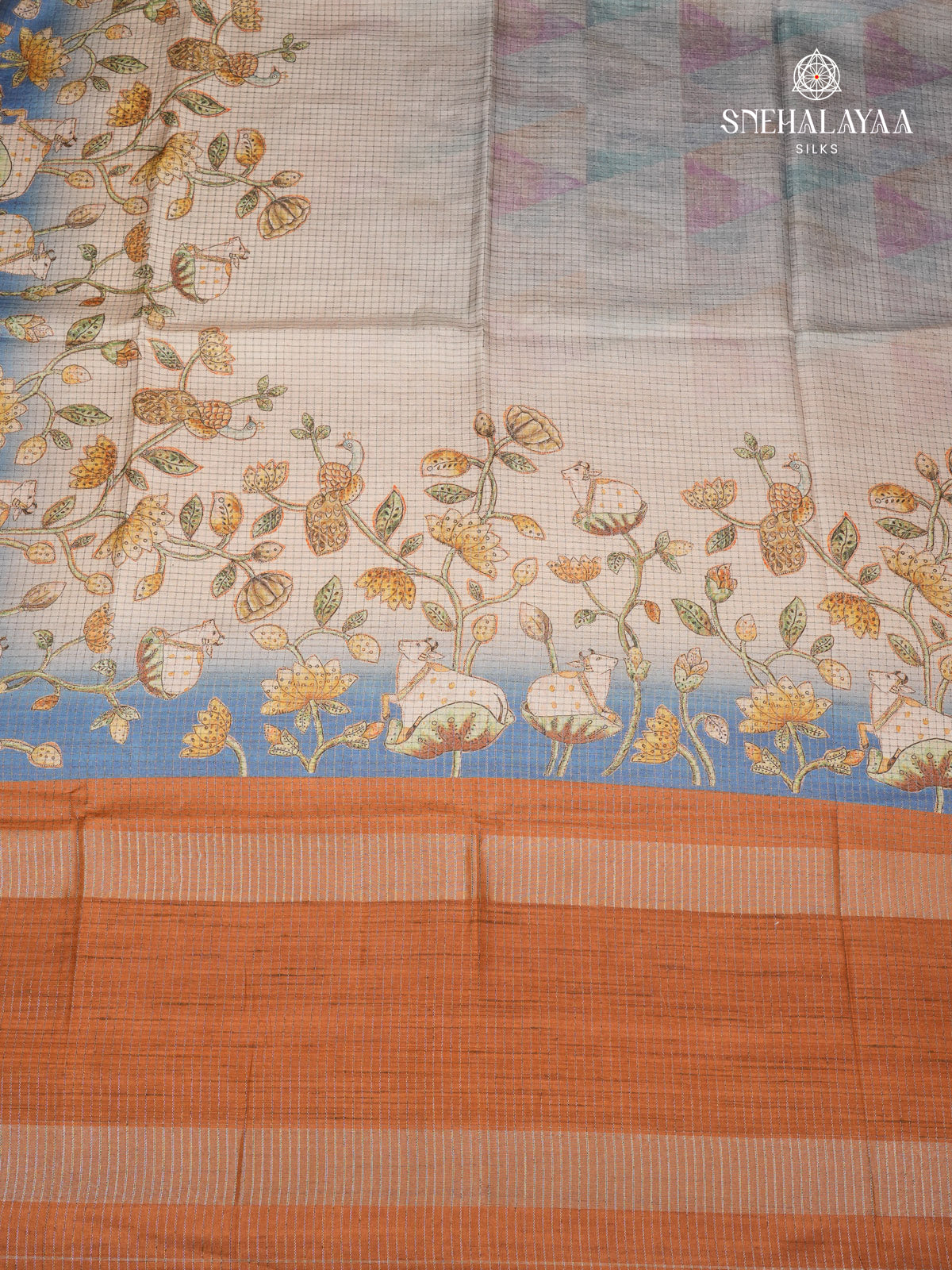 Off White Floral Printed Tussar Saree