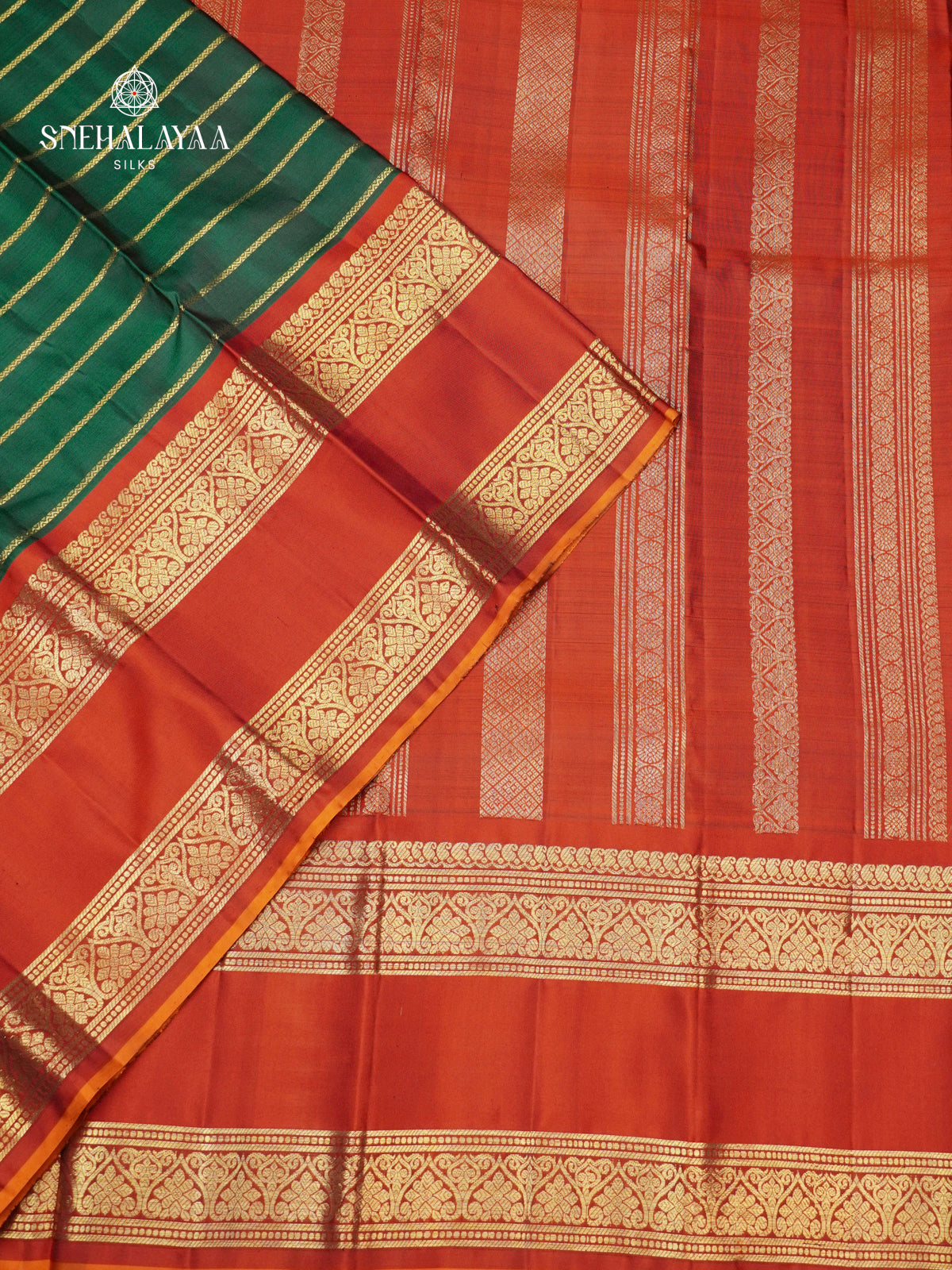 Bottle Green Pure Kanchipuram Silk Saree with Red Zari Border