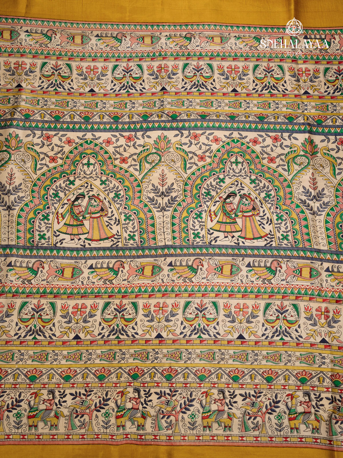 Mustard Yellow Printed Tussar Saree