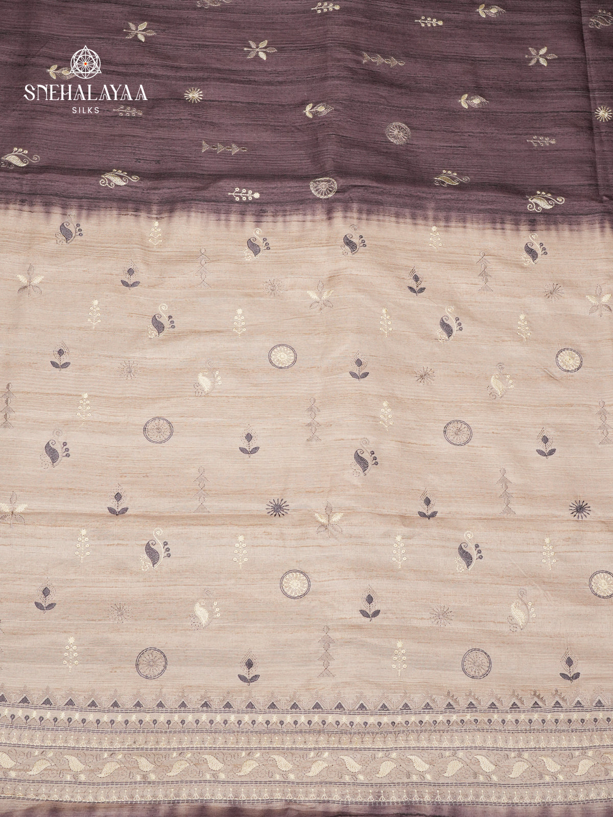 Brown Tussar Embroidery Saree