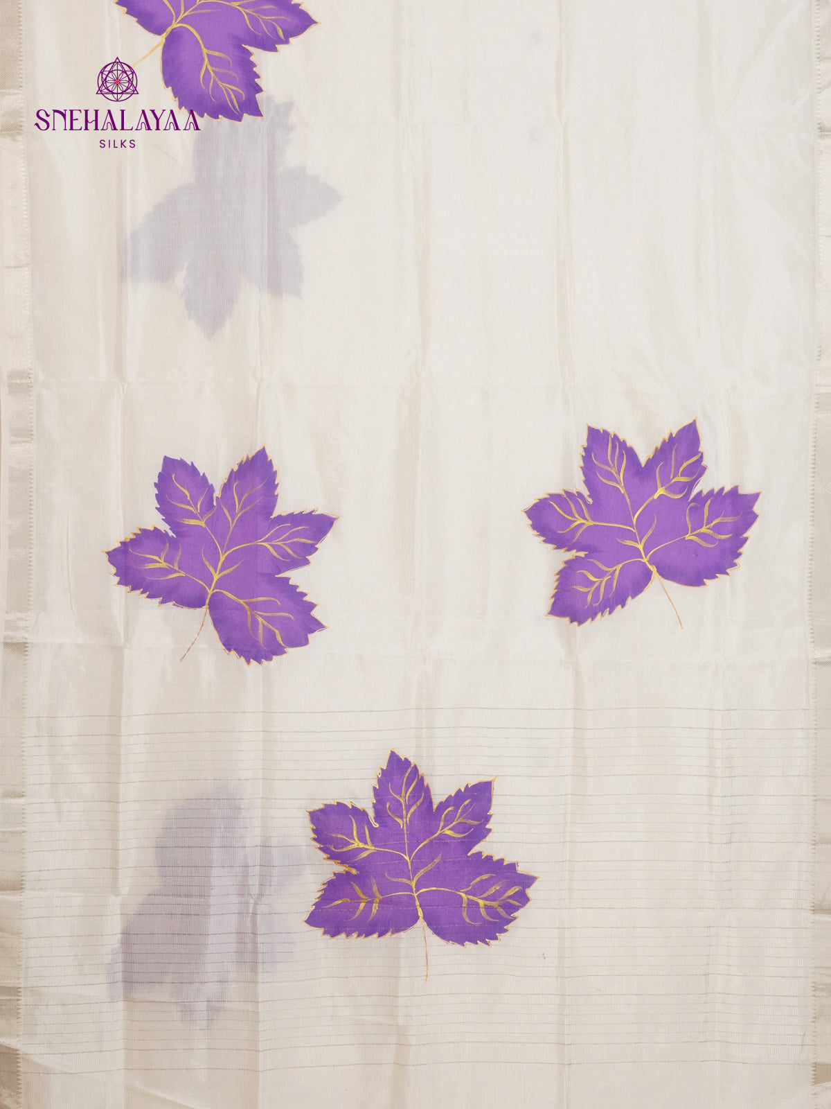 Off White Mangalagiri Silk Cotton Saree with Hand Painted Violet Leaf Motifs