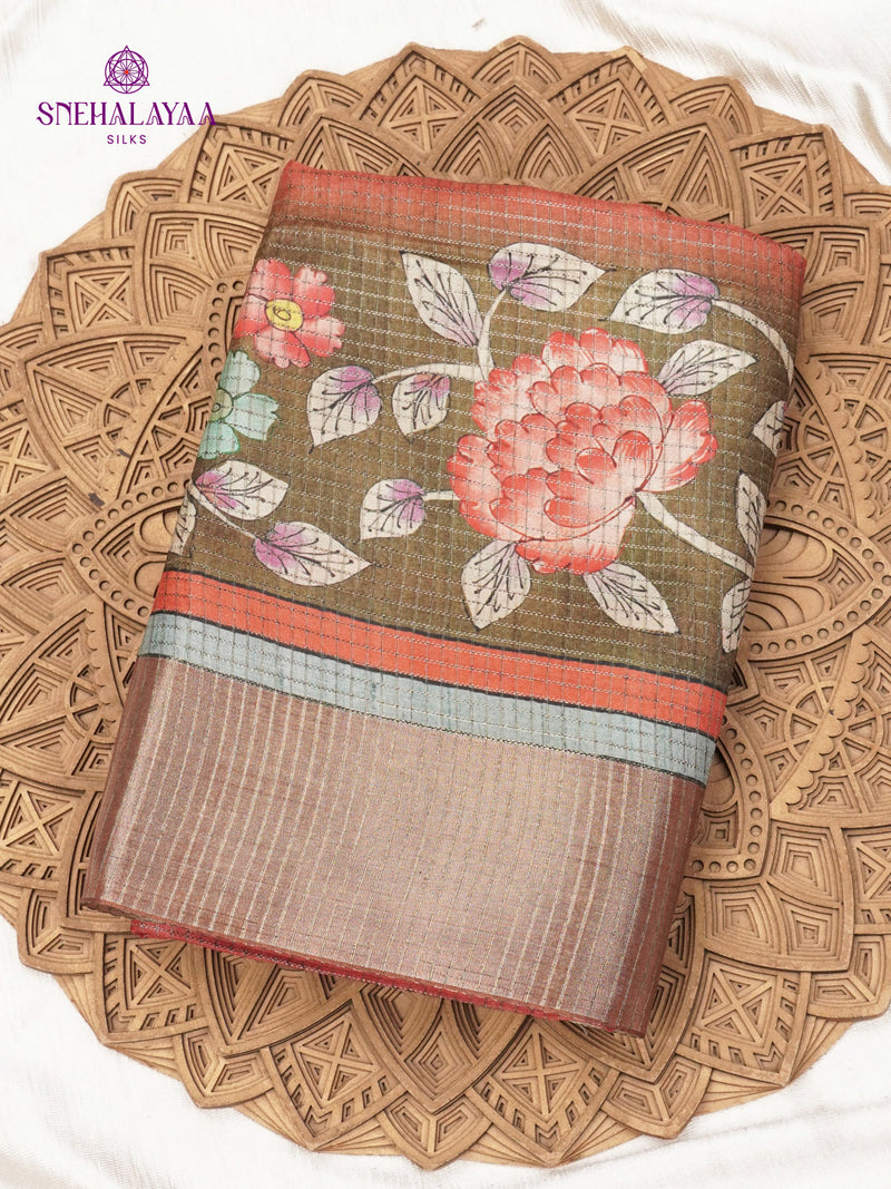 Maroon Floral Printed Tussar Saree