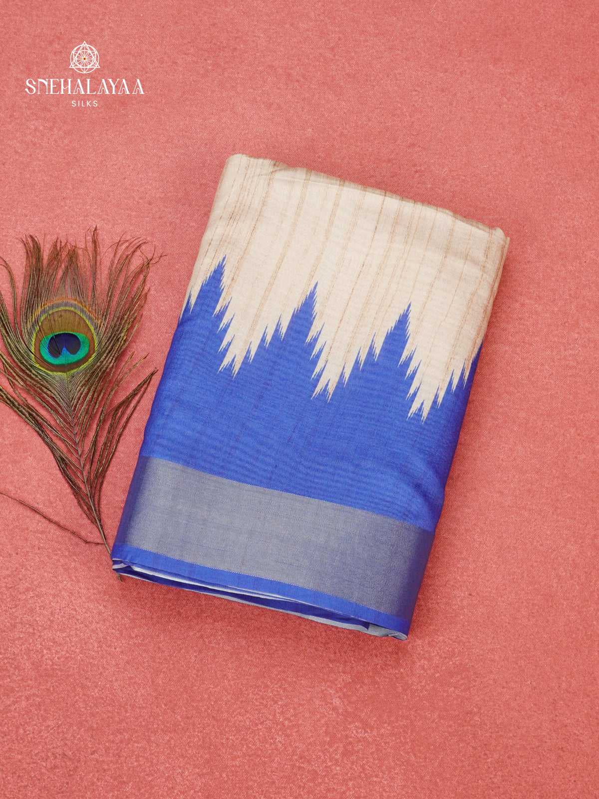 Beige With Blue Border Tussar Saree