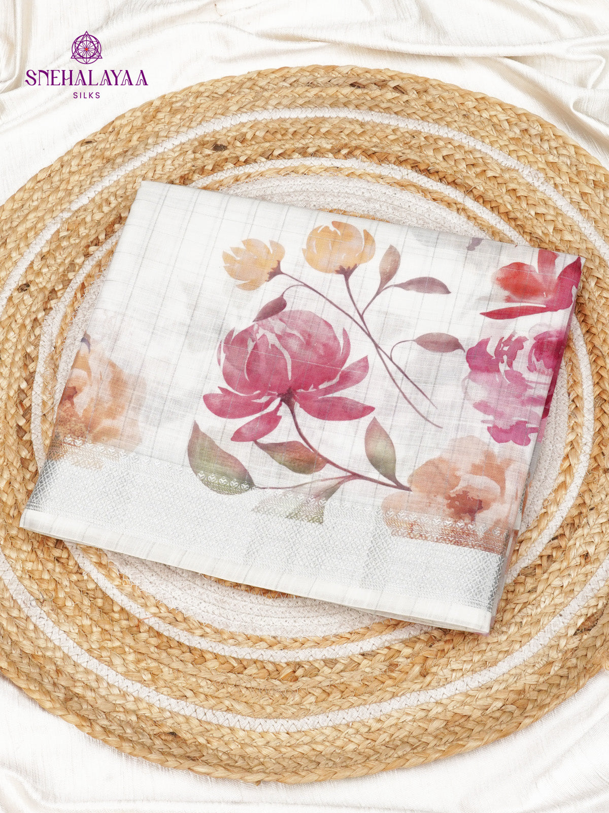 Off White Printed Linen Saree