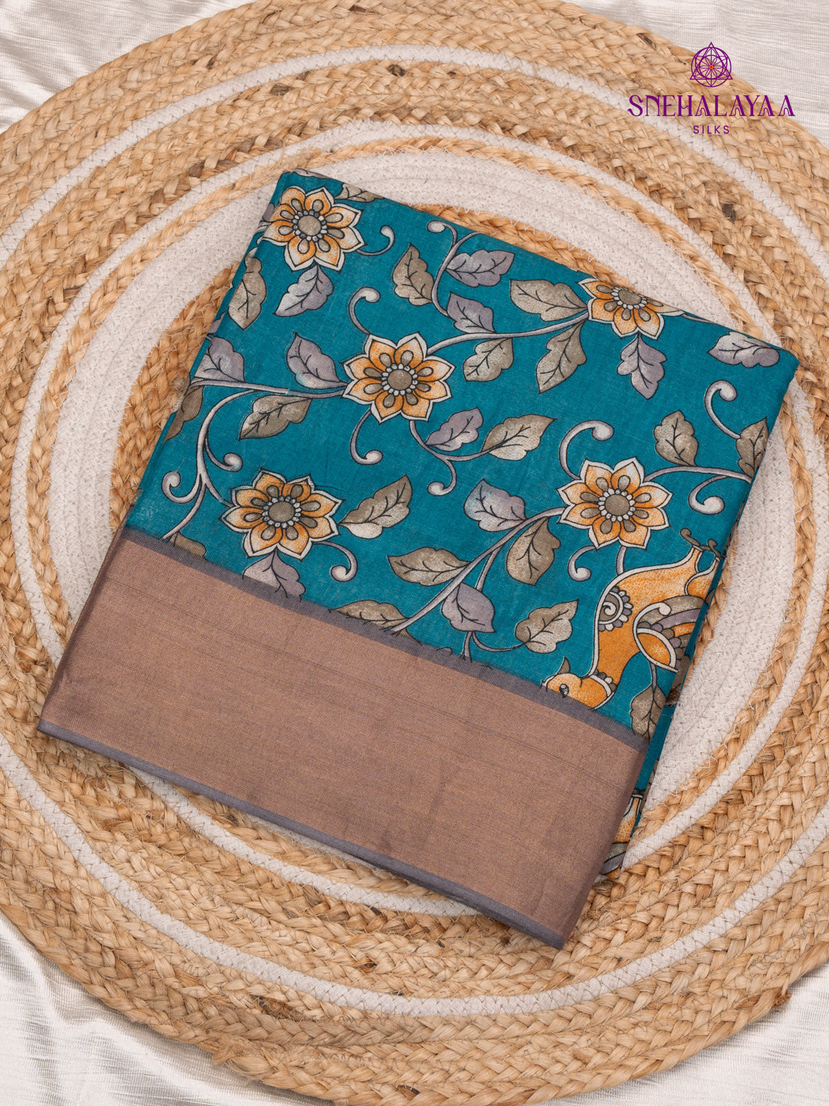Teal Blue Printed Tussar Saree