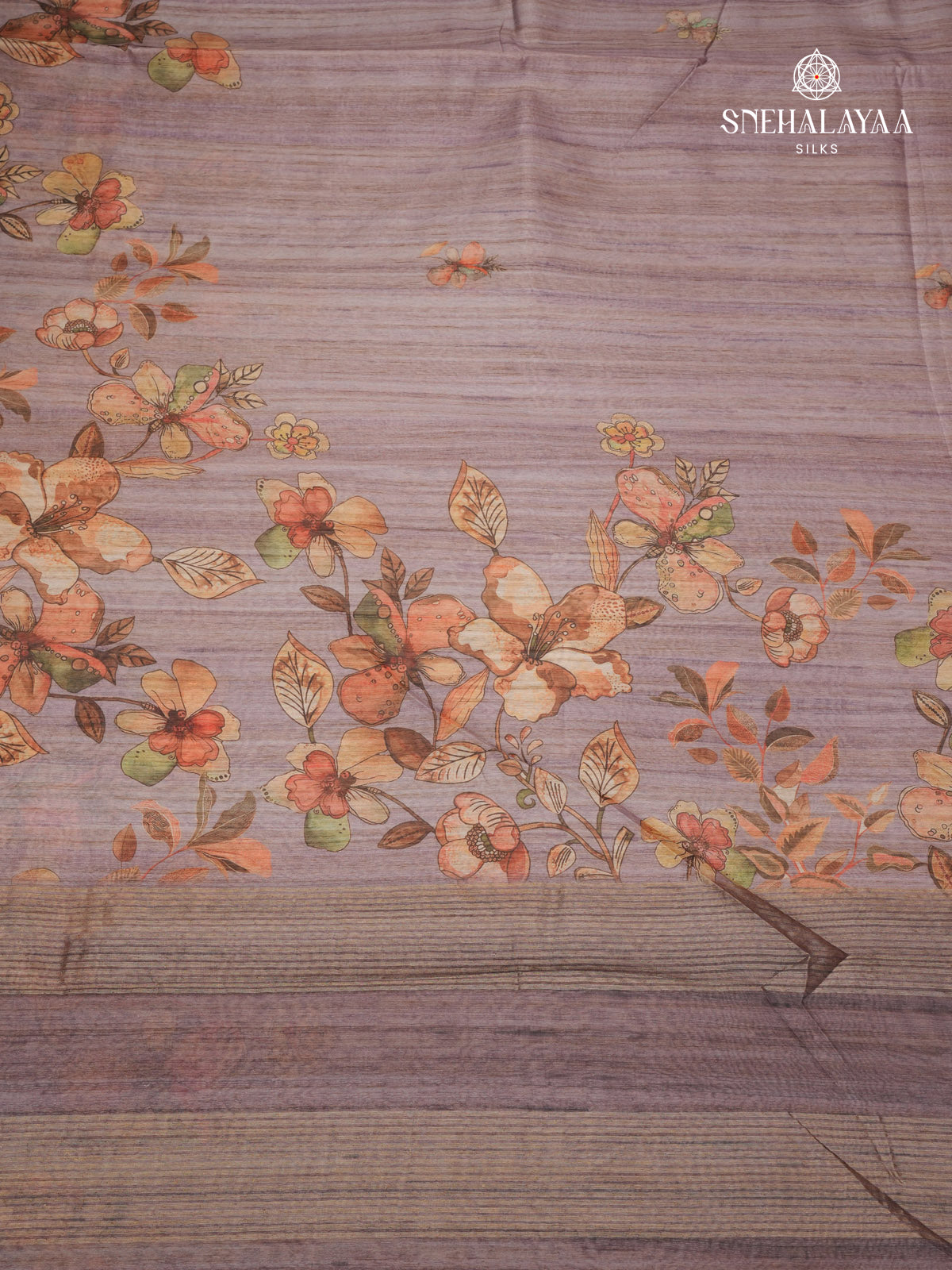 Brown Floral Printed Tussar Saree