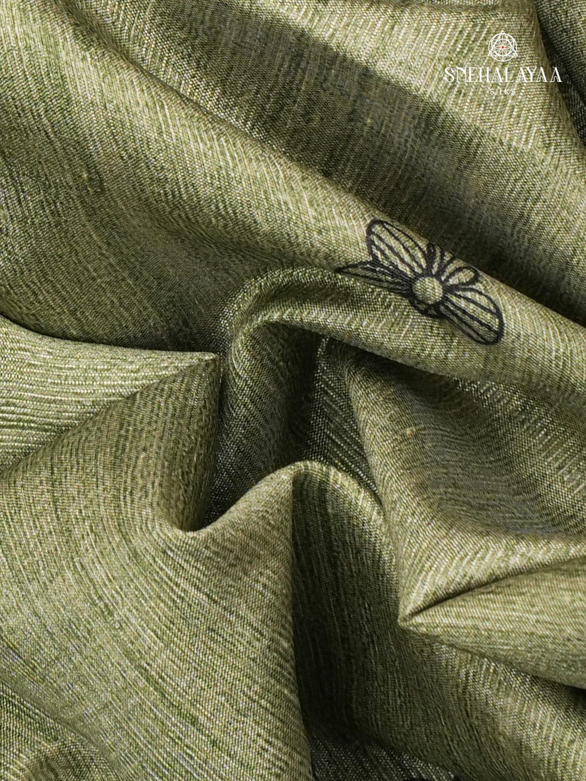 Sage Green Floral Printed Tussar Saree