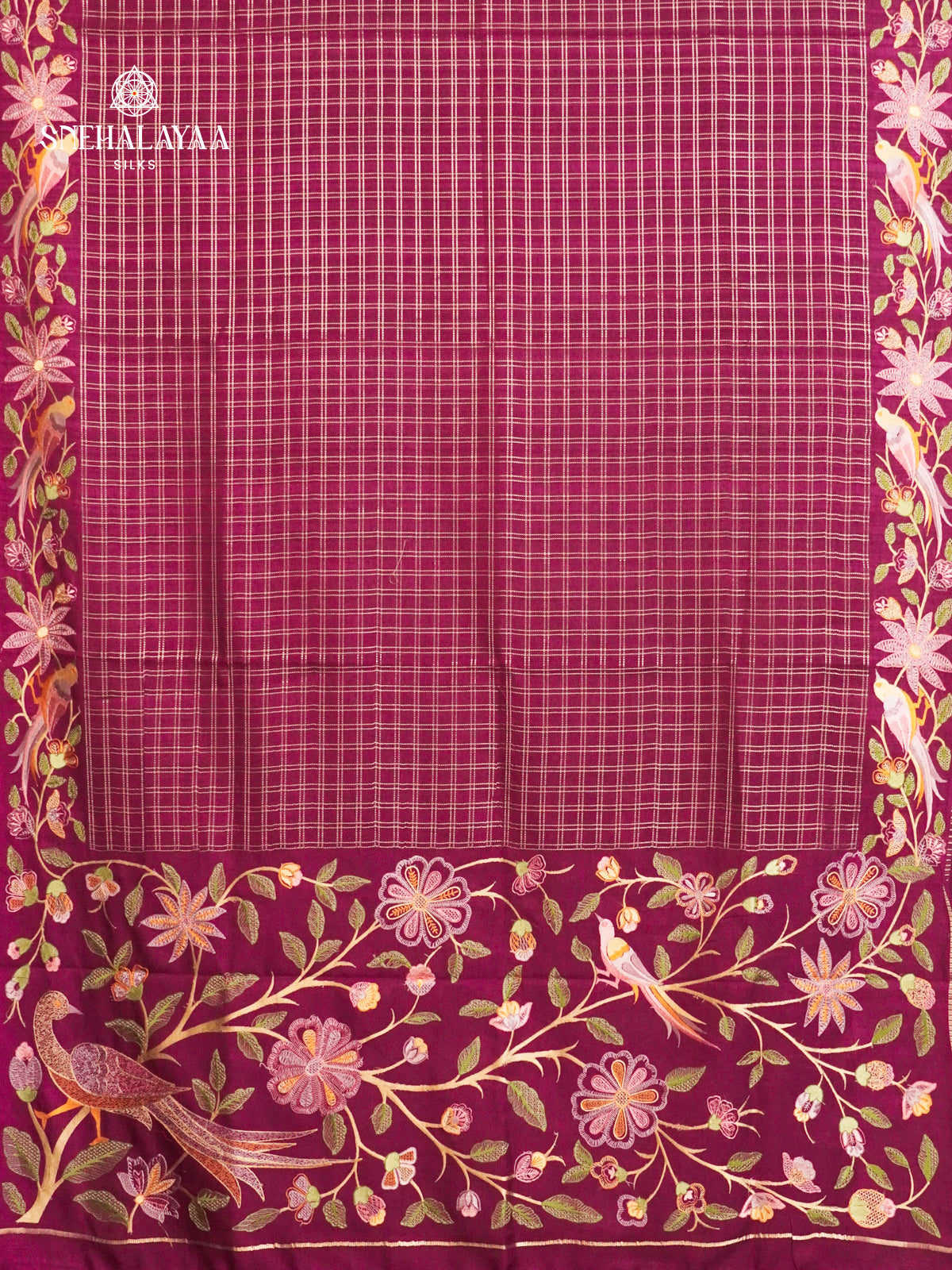 Burgundy Munga Tussar Embroidery Saree