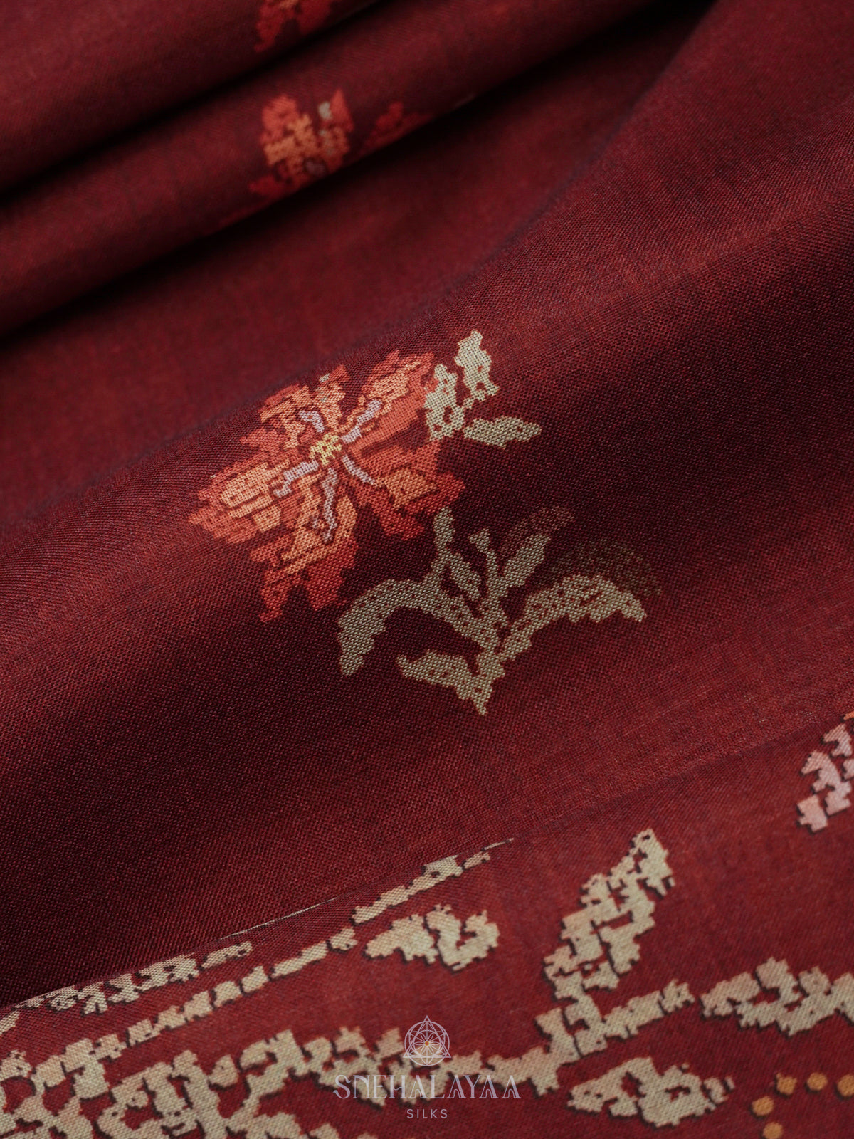 Maroon Floral Printed Tussar Saree