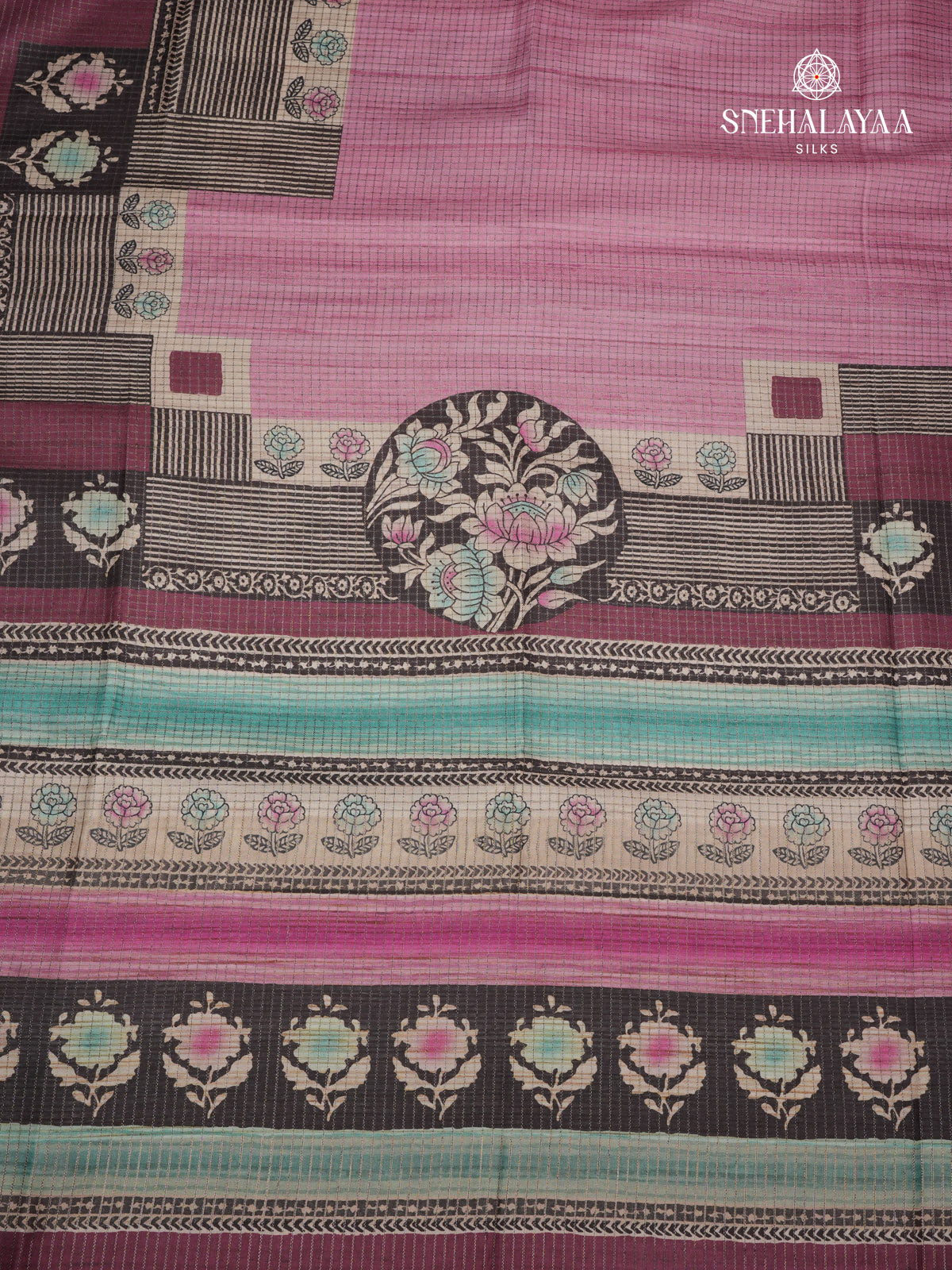 Magenta Floral Printed Tussar Saree