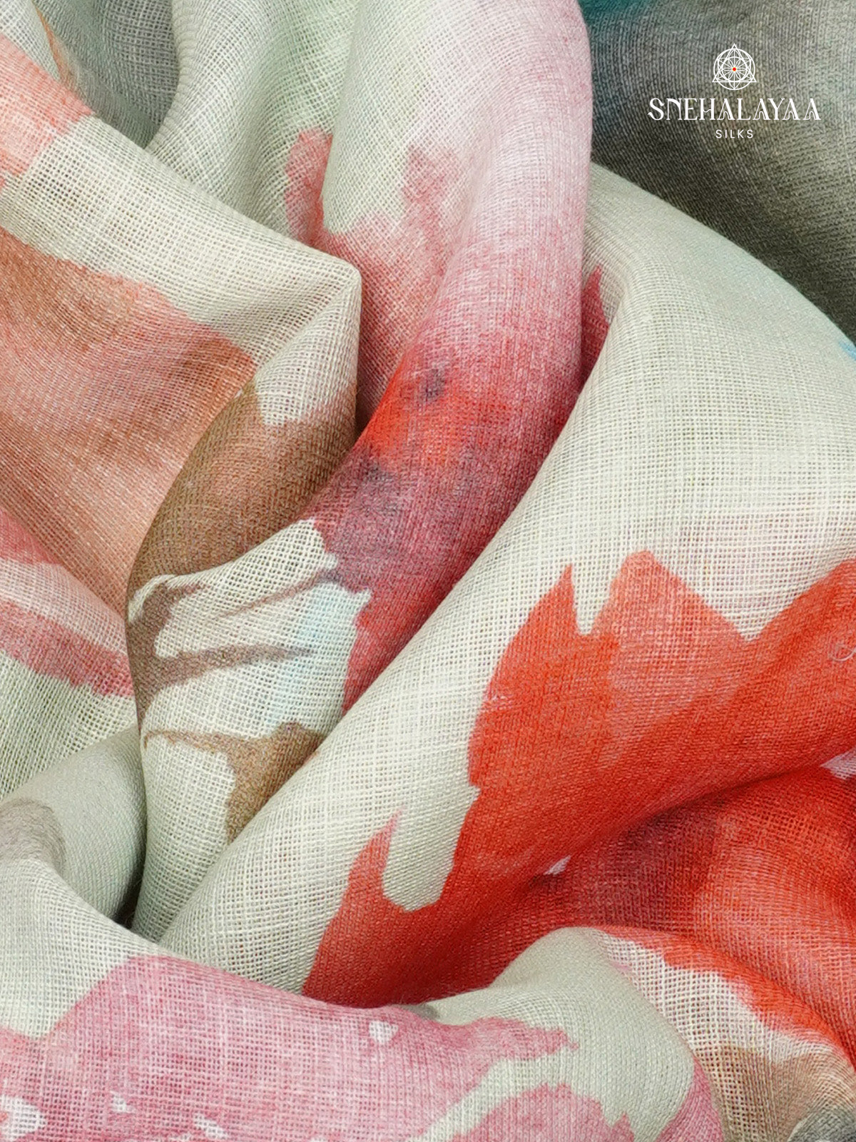 Off White Printed Linen Saree