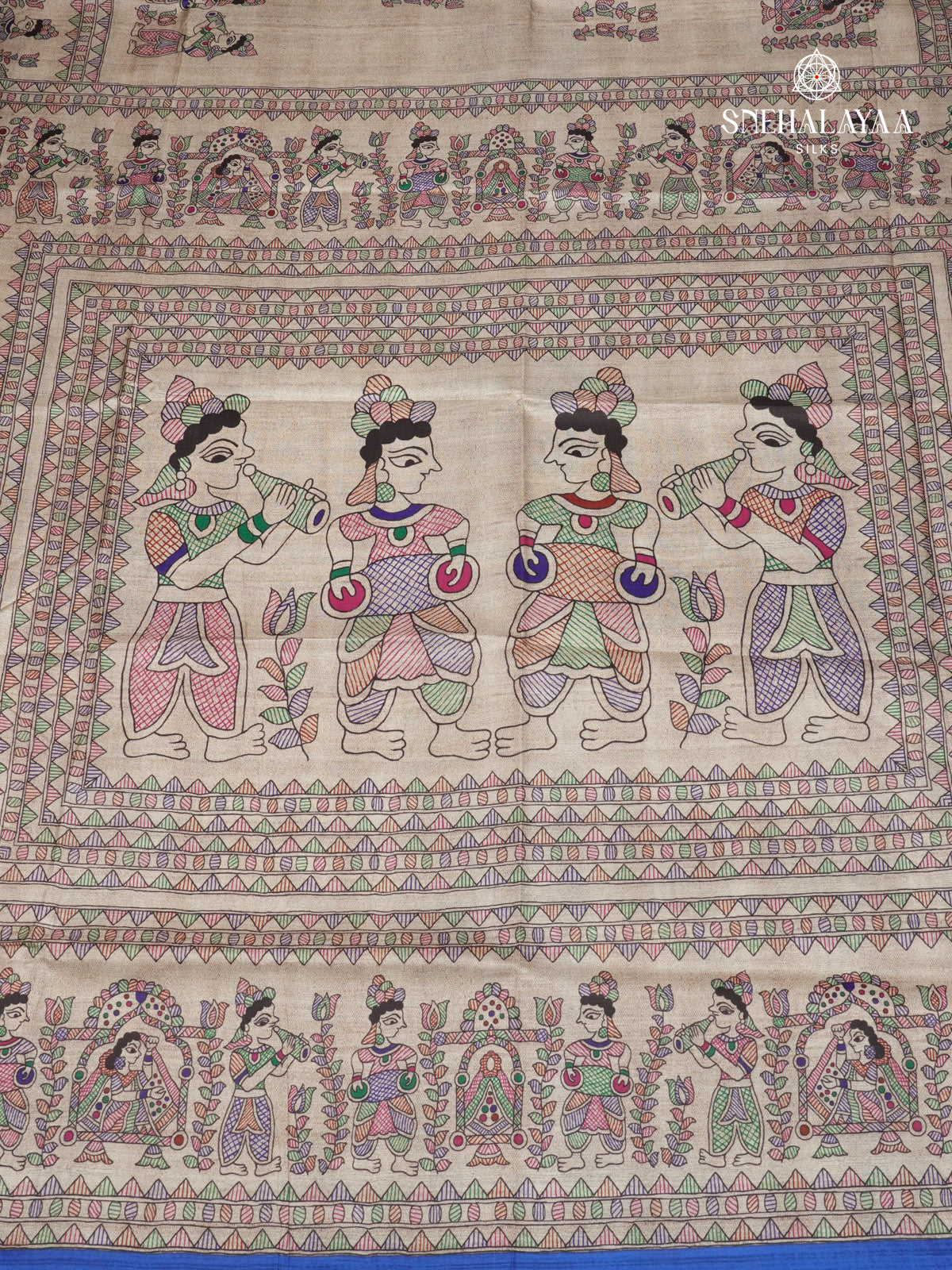 Beige With Navy Blue Border Madhubani Saree