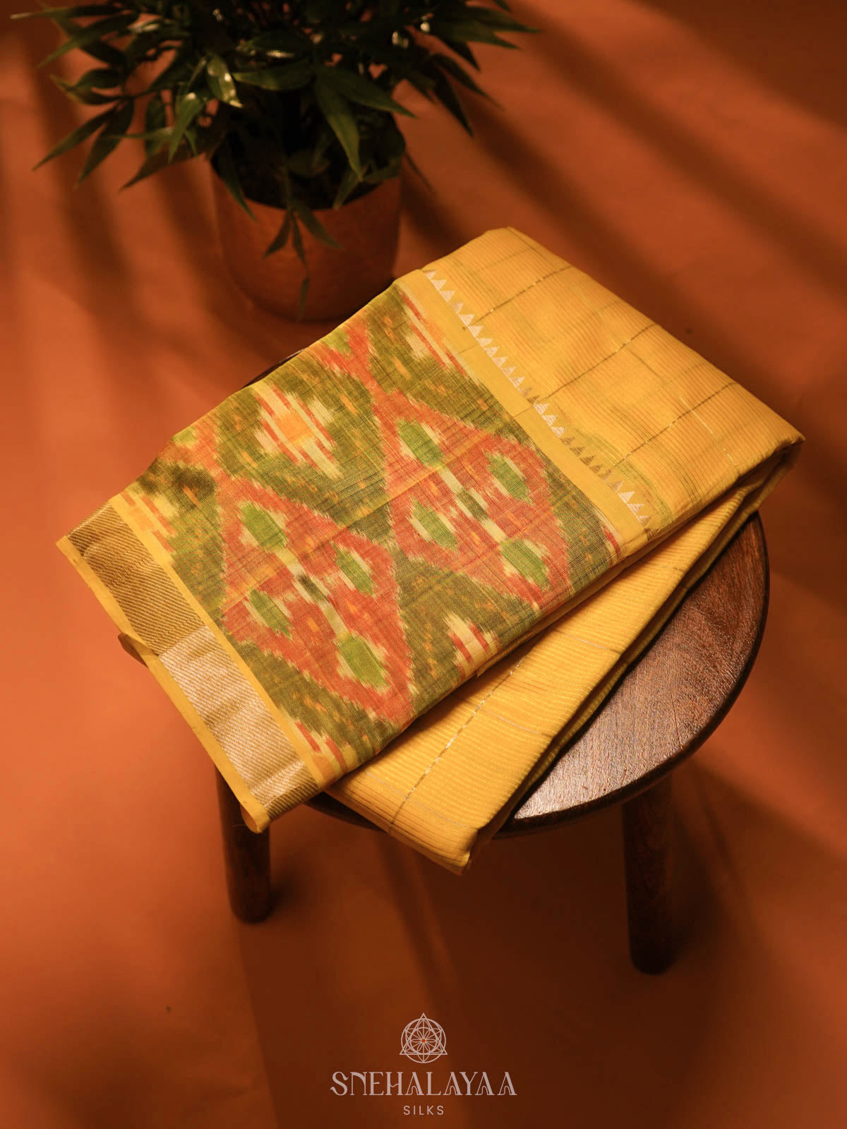 Yellow Mangalagiri Silk Cotton Saree with Ikat Border