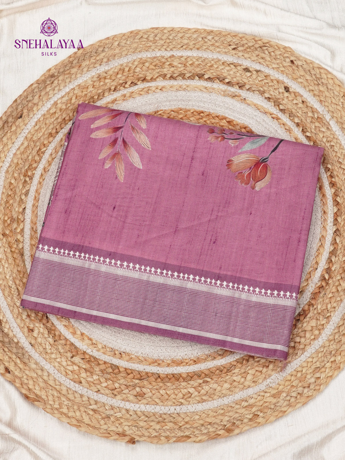 Magenta Floral Printed Tussar Saree